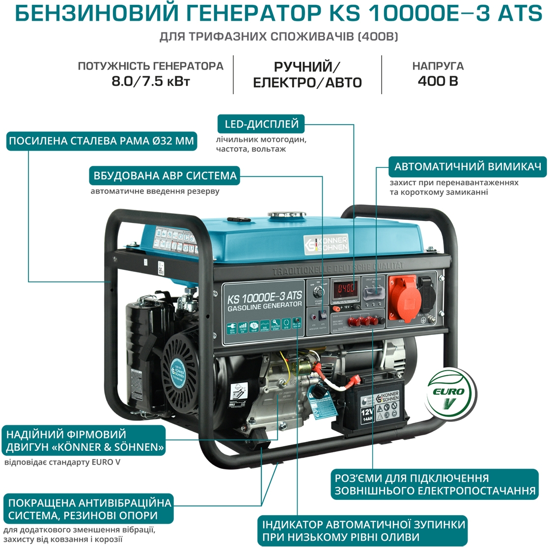 Генератор бензиновий Konner&Sohnen KS 10000E – 3, 7,5 кВт, ATS (KS10000E-3ATS)фото7