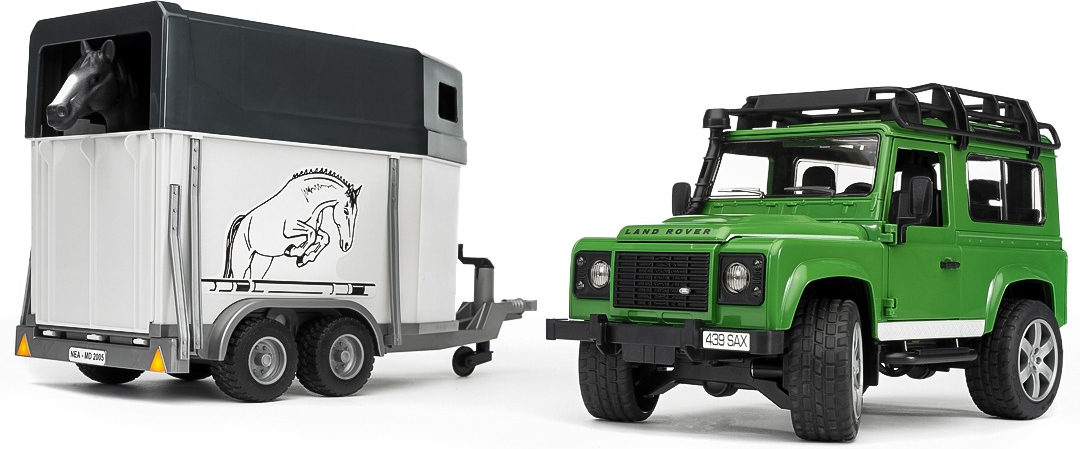Джип BRUDER 1:16 Land Rover Defender з причепом для перевезення коней + конячка (2592)фото