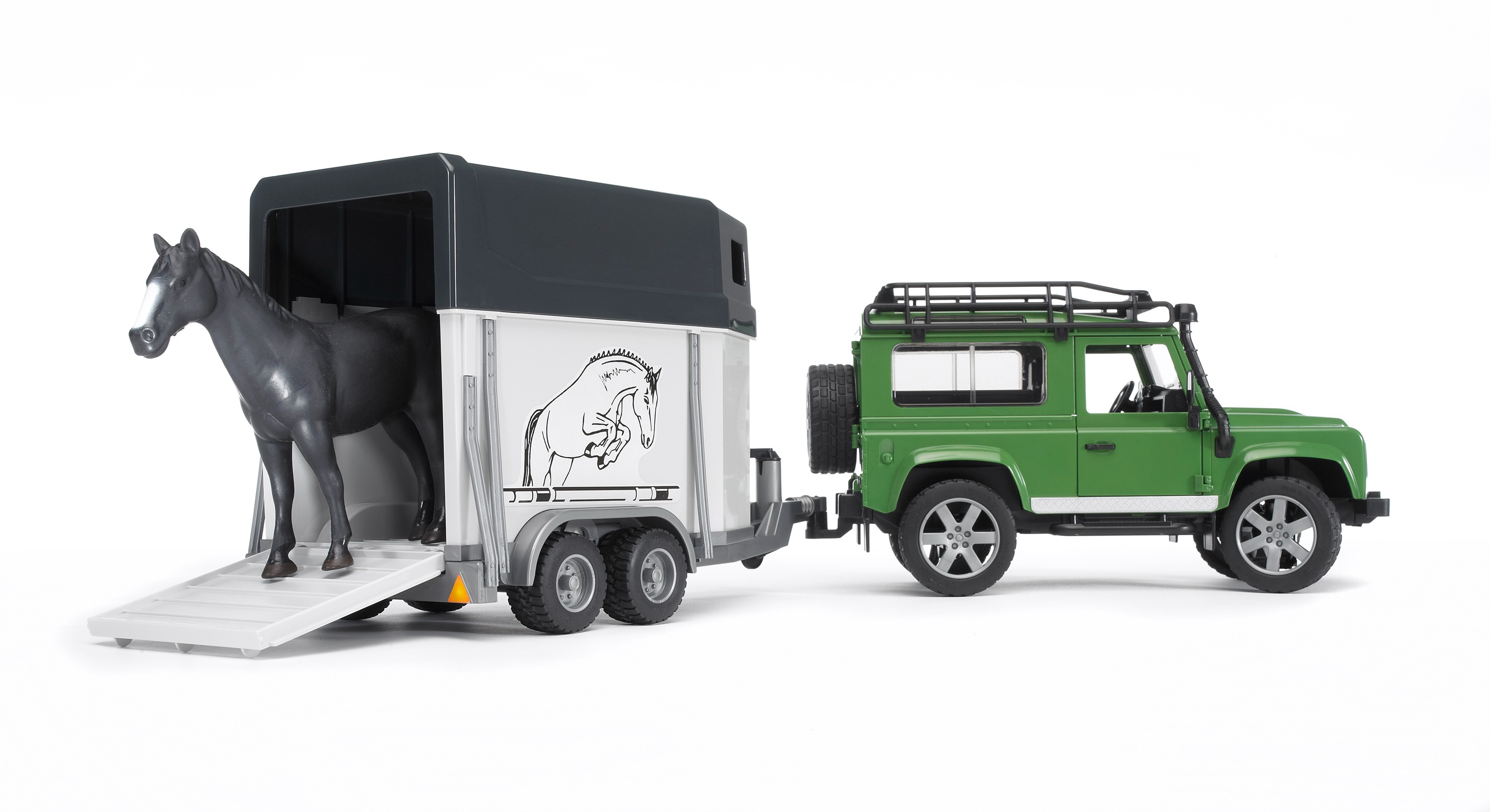 Джип BRUDER 1:16 Land Rover Defender з причепом для перевезення коней + конячка (2592)фото