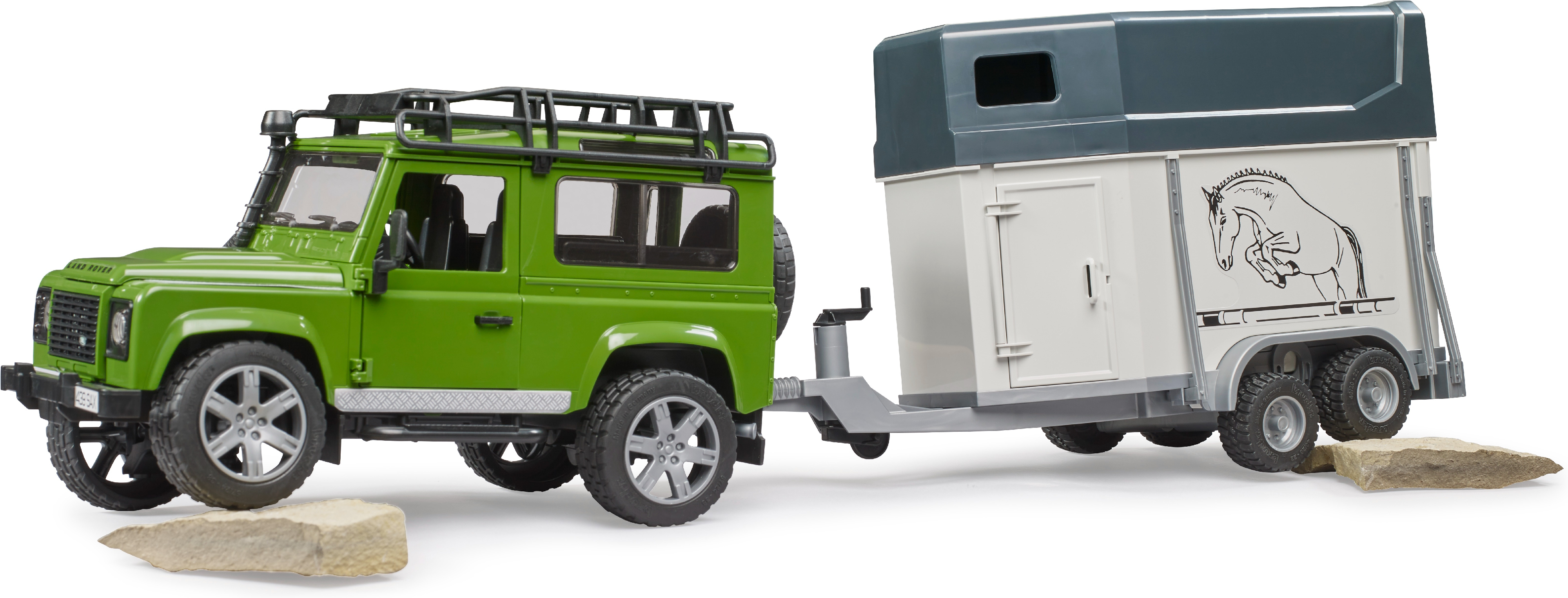 Джип BRUDER 1:16 Land Rover Defender з причепом для перевезення коней + конячка (2592)фото