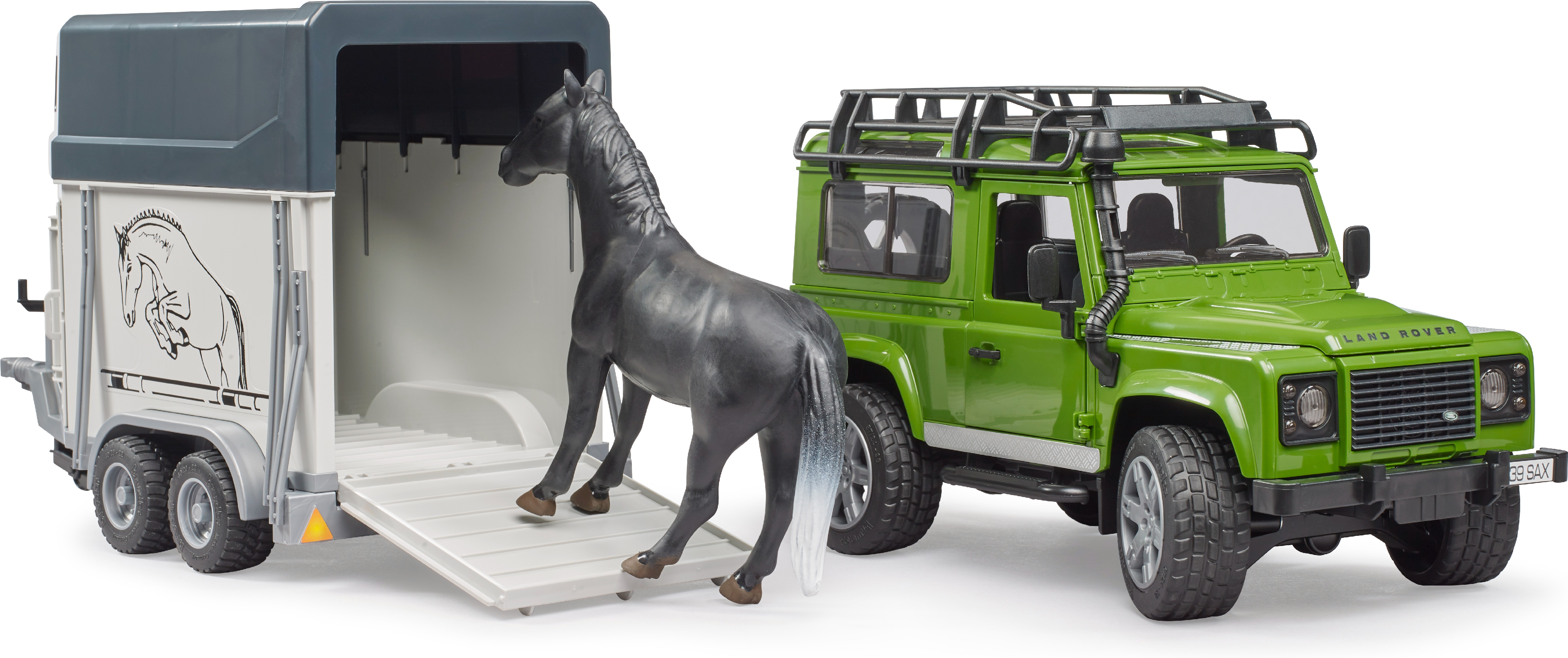 Джип BRUDER 1:16 Land Rover Defender з причепом для перевезення коней + конячка (2592)фото