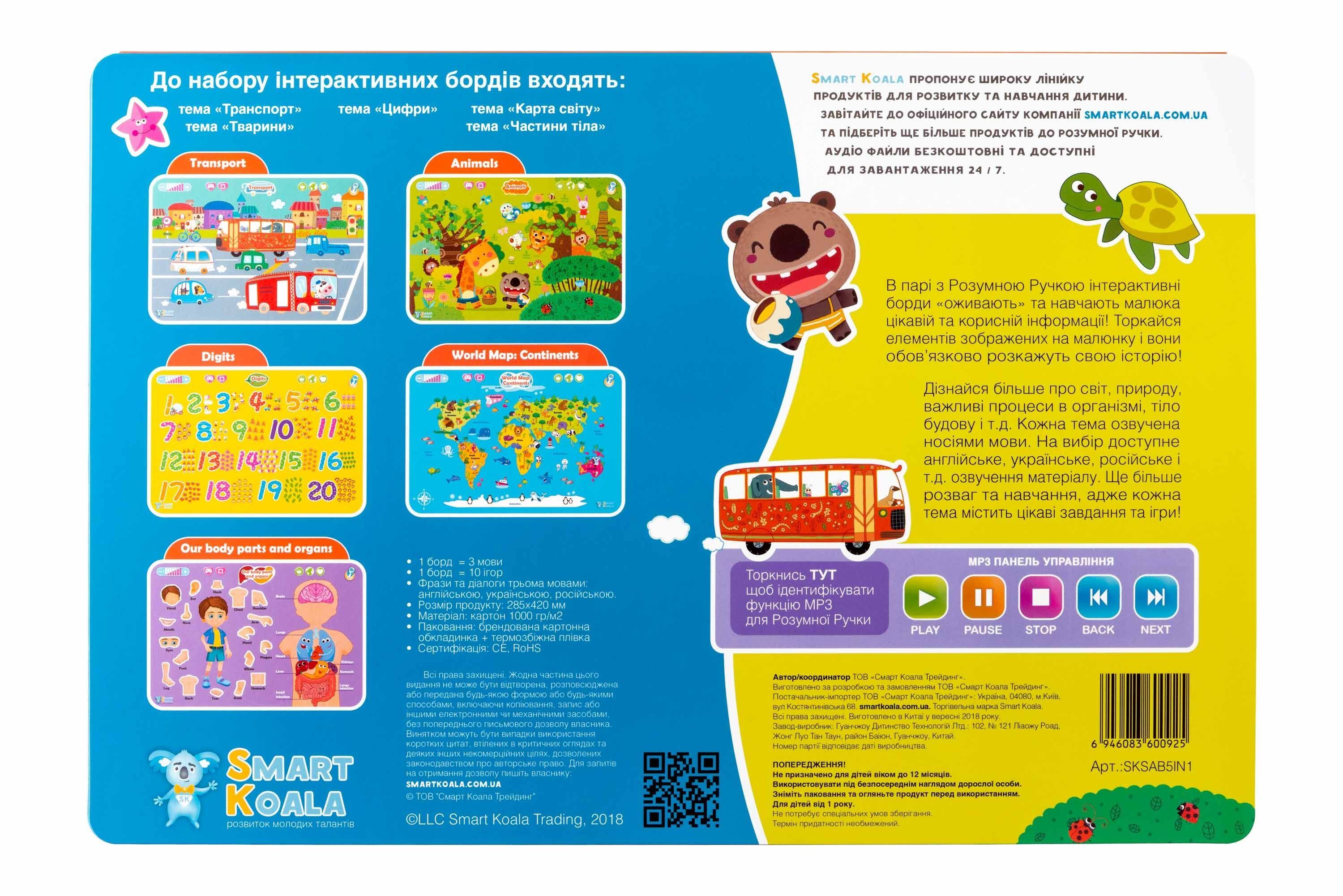 Борд інтерактивний Smart Koala Карта світу, Частини тіла, Цифри, Транспорт, Тварини (SKSAB5IN1)фото6