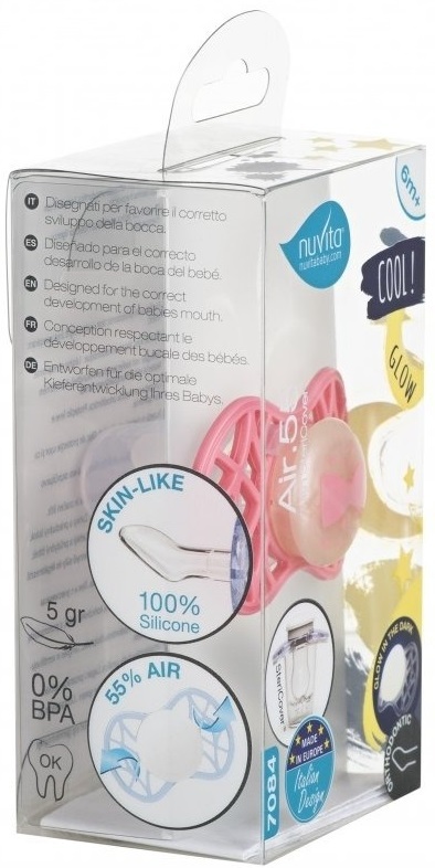 Пустышка ортодонтическая Nuvita NV7084 Air55 Cool 6m+ "бант" светящаяся в темноте, розовая (NV7084GF) фото 3