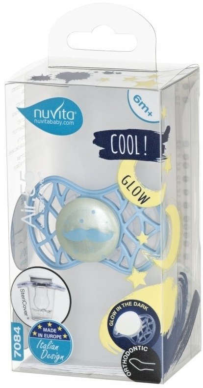 Пустышка ортодонтическая Nuvita NV7084 Air55 Cool 6m+ "усы" светящаяся в темноте, голубая (NV7084GDB) фото 2