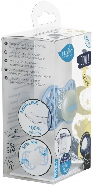 Пустышка ортодонтическая Nuvita NV7084 Air55 Cool 6m+ "усы" светящаяся в темноте, голубая (NV7084GDB) фото 3