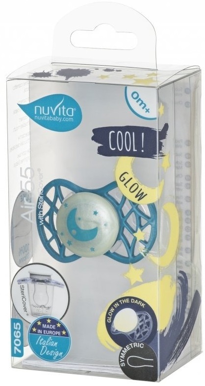 Пустышка симметрическая Nuvita NV7065 Air55 Cool 0m+ "месяц" светящаяся в темноте, бирюзовая (NV7065GE) фото 