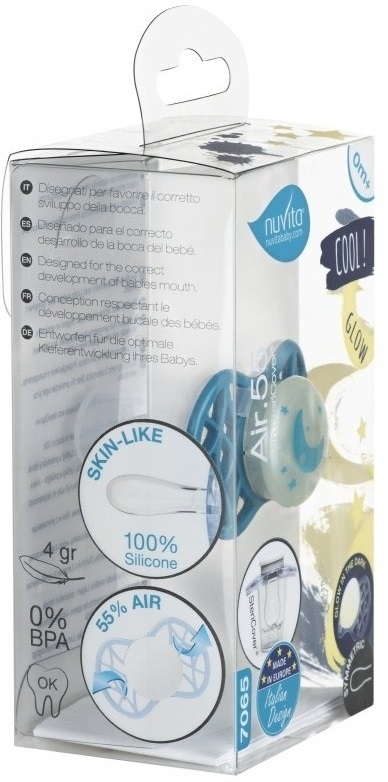 Пустышка симметрическая Nuvita NV7065 Air55 Cool 0m+ "месяц" светящаяся в темноте, бирюзовая (NV7065GE) фото 