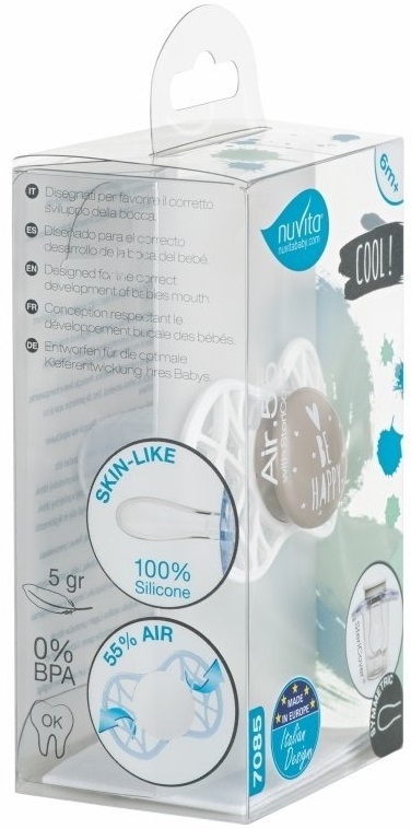 Пустышка симметрическая Nuvita NV7085 Air55 Cool 6m+ "BE HAPPY" жемчужно-серая (NV7085PG) фото 