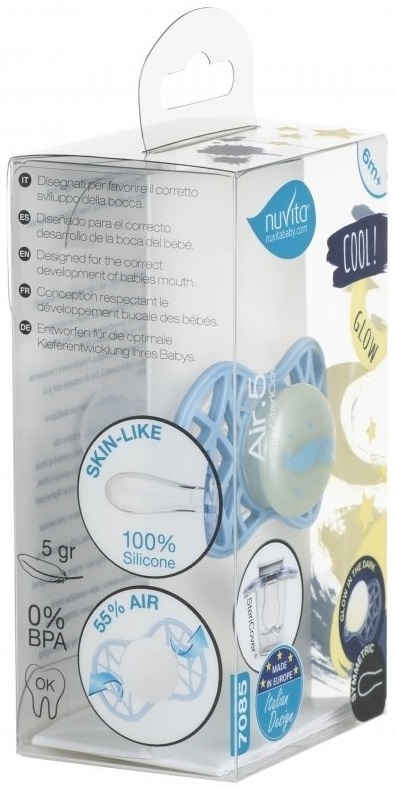 Пустышка симметрическая Nuvita NV7085 Air55 Cool 6m+ "усы" светящаяся в темноте, голубая (NV7085GDB) фото 3