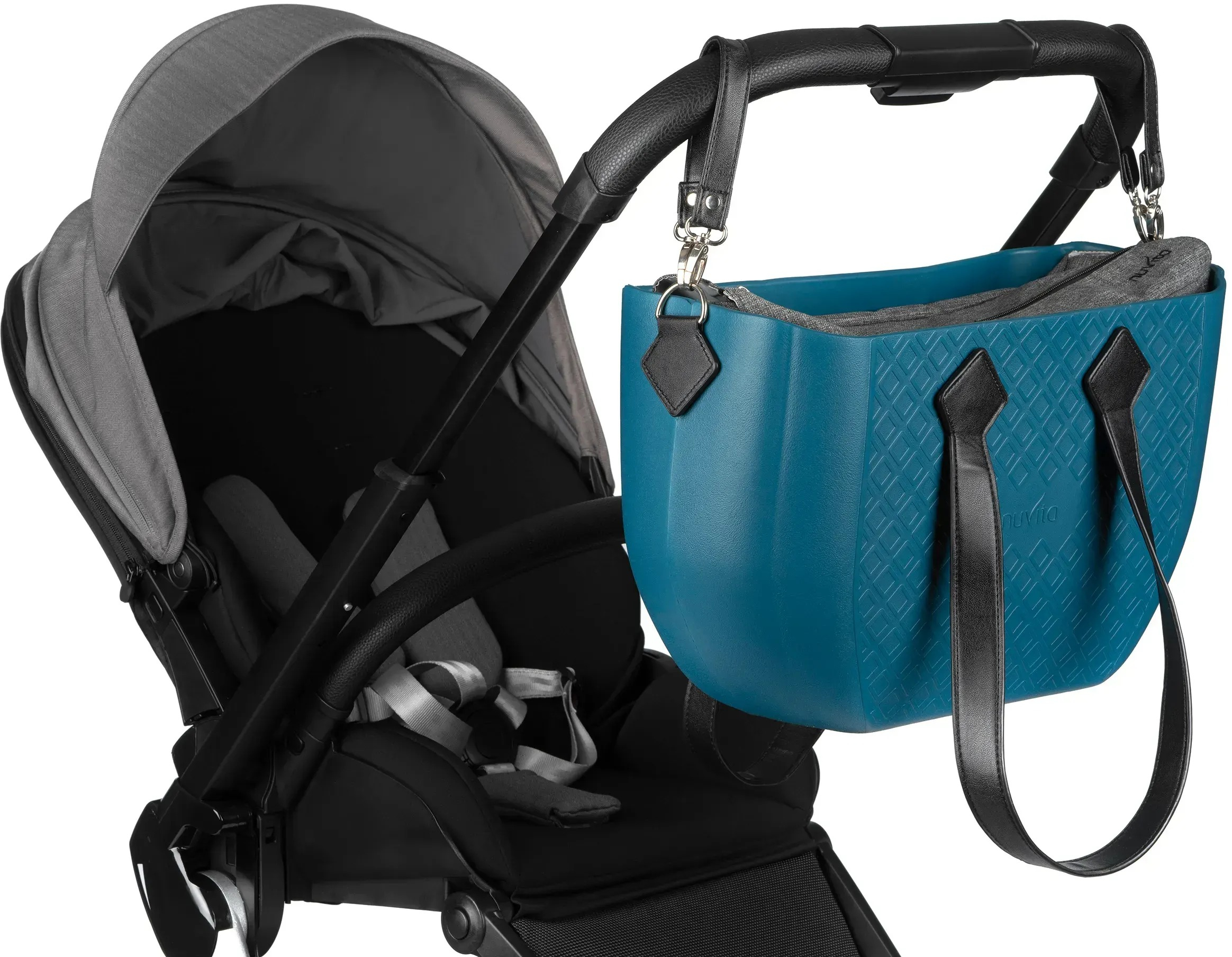 Сумка MyMia синий корпус/ серая подкладка/ набор (ручки, фиксаторы, ремни на коляску) эко-кожа фото 8