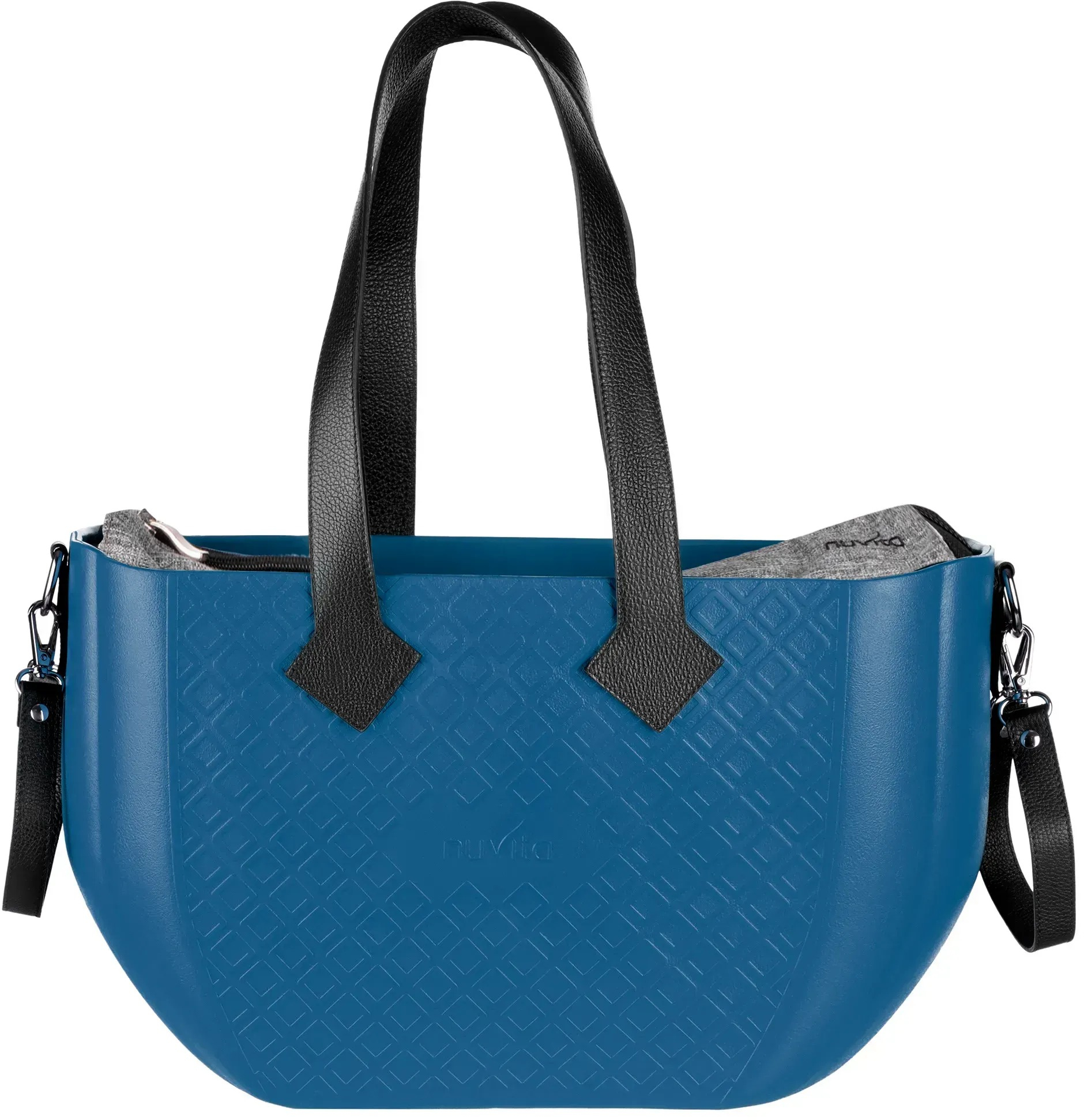 Сумка MyMia синий корпус/ серая подклалка/ черные кожаные ручки, фиксаторы, ремни на коляску фото 