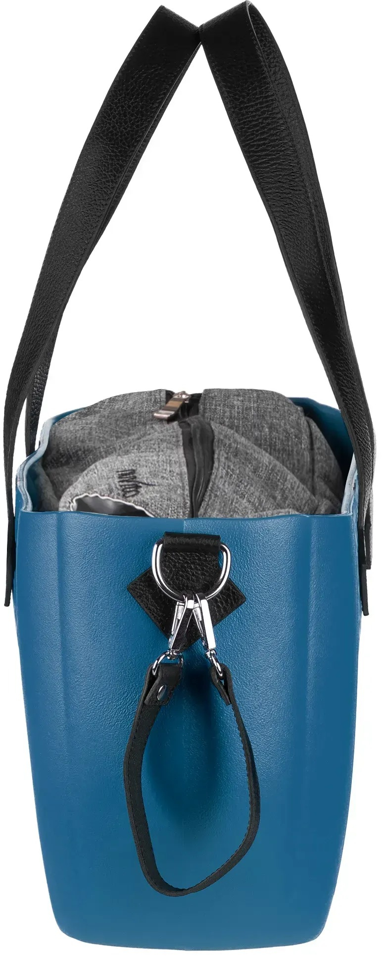 Сумка MyMia синий корпус/ серая подклалка/ черные кожаные ручки, фиксаторы, ремни на коляску фото 