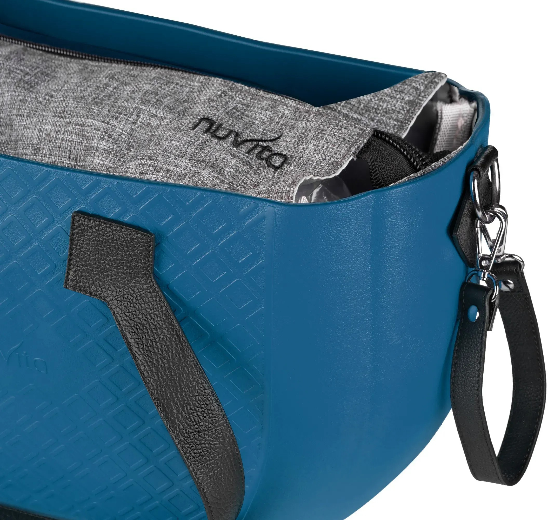 Сумка MyMia синий корпус/ серая подклалка/ черные кожаные ручки, фиксаторы, ремни на коляску фото 