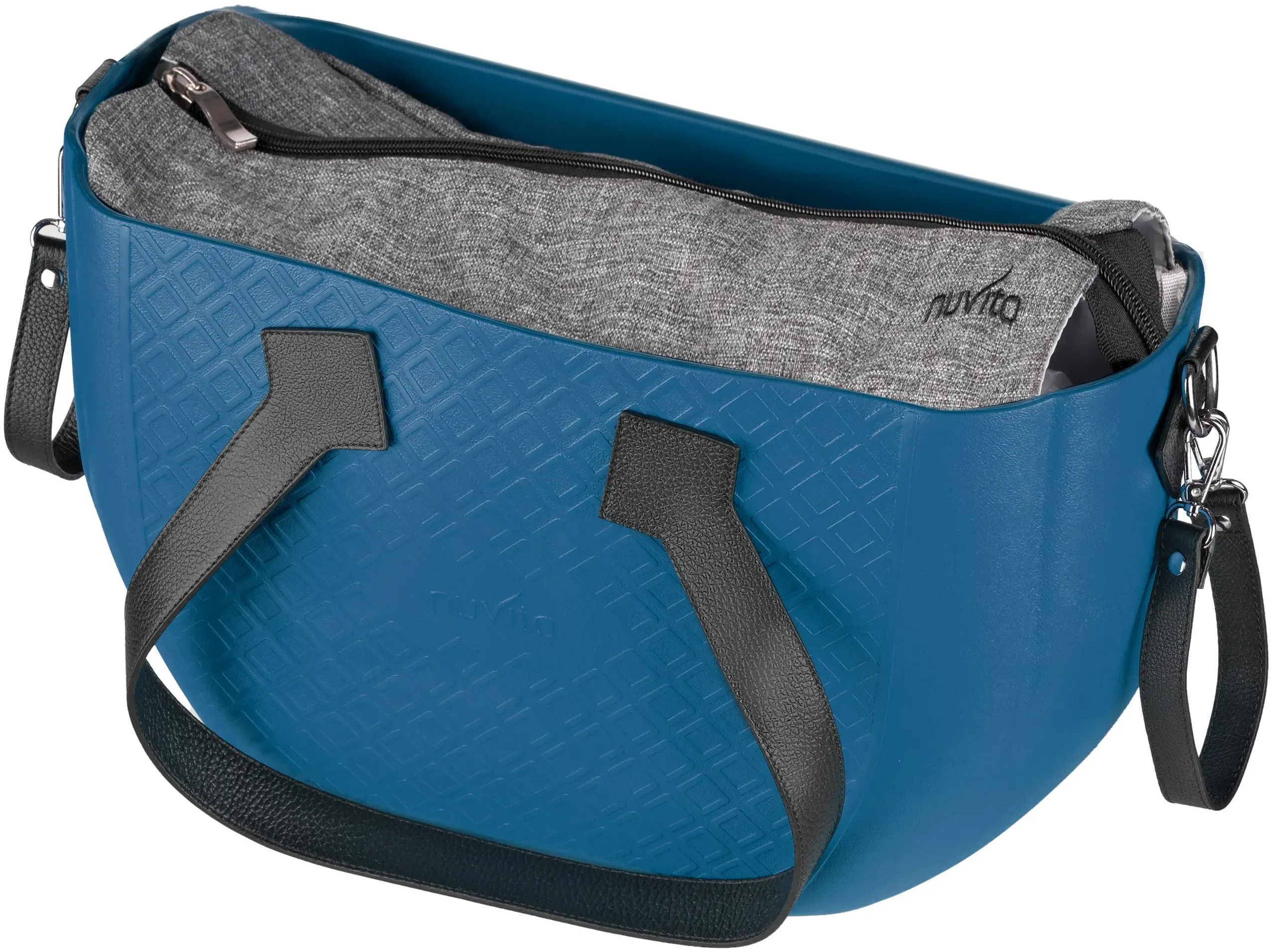 Сумка MyMia синий корпус/ серая подклалка/ черные кожаные ручки, фиксаторы, ремни на коляску фото 