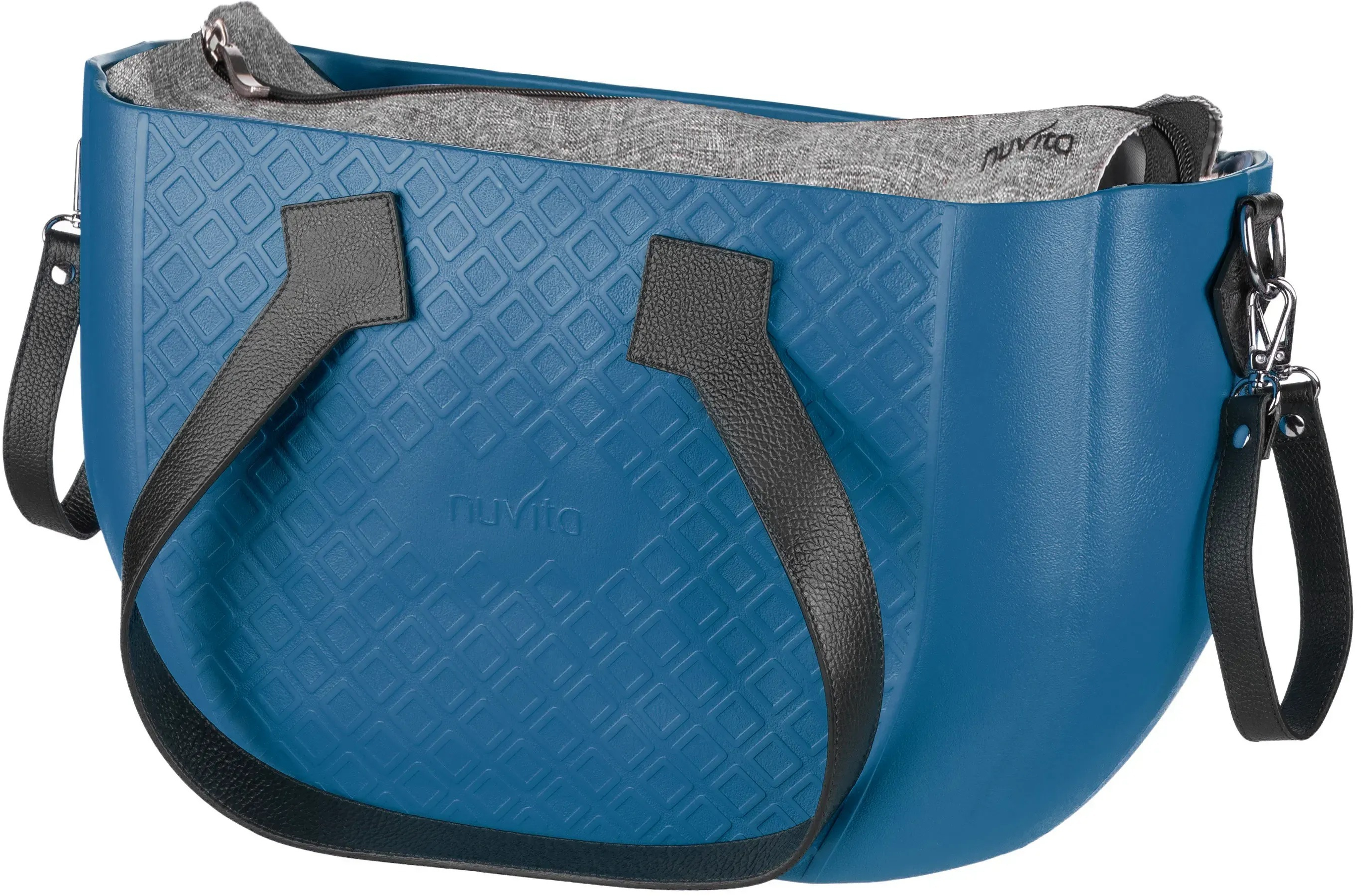 Сумка MyMia синий корпус/ серая подклалка/ черные кожаные ручки, фиксаторы, ремни на коляску фото 