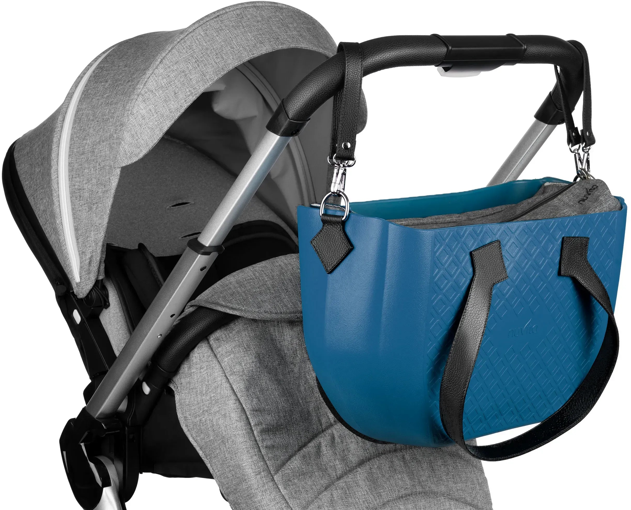 Сумка MyMia синий корпус/ серая подклалка/ черные кожаные ручки, фиксаторы, ремни на коляску фото 
