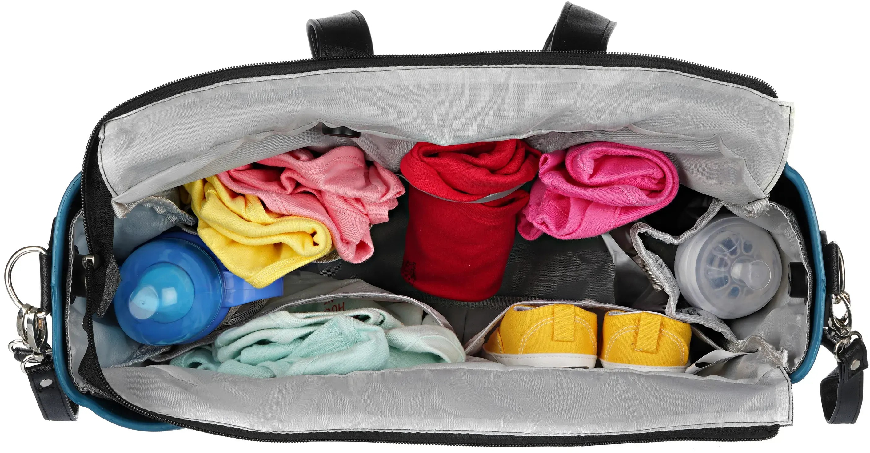 Сумка MyMia синий корпус/ серая подклалка/ черные кожаные ручки, фиксаторы, ремни на коляску фото 