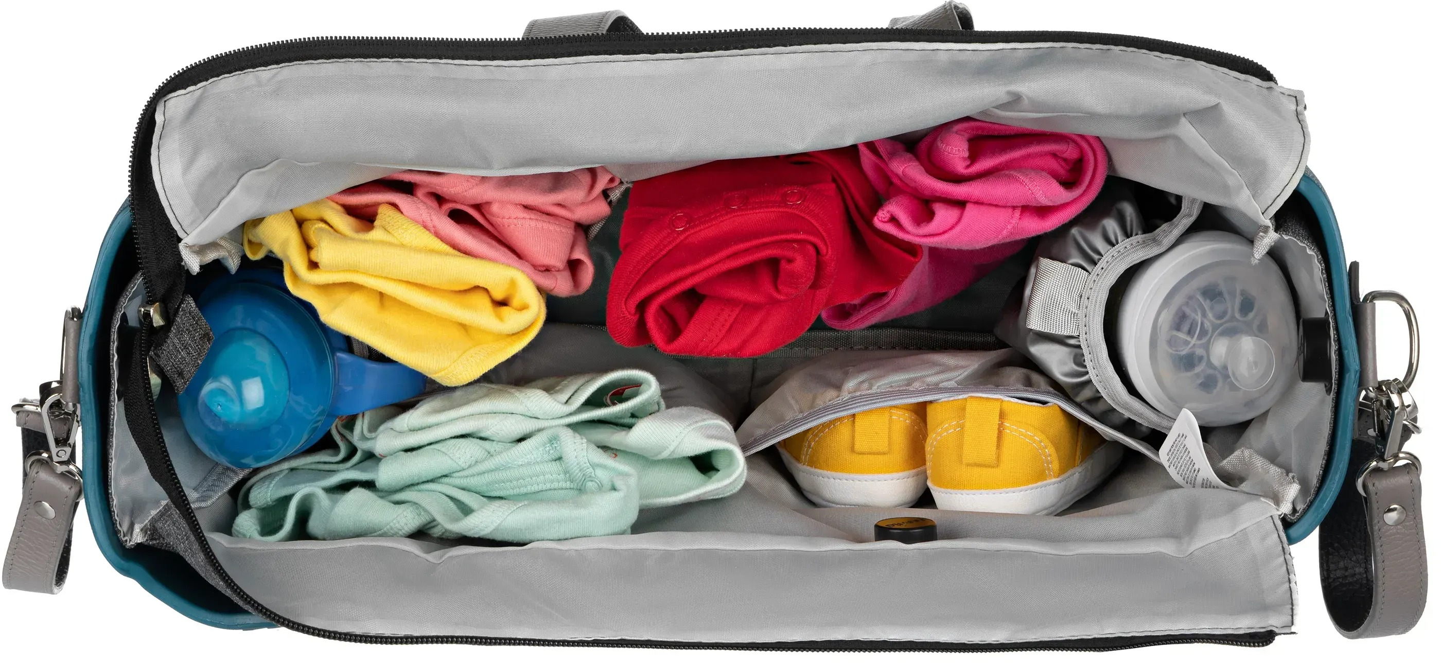 Сумка MyMia синий корпус/ серая подкладка/ серые кожаные ручки, фиксаторы, ремни на коляску фото 7