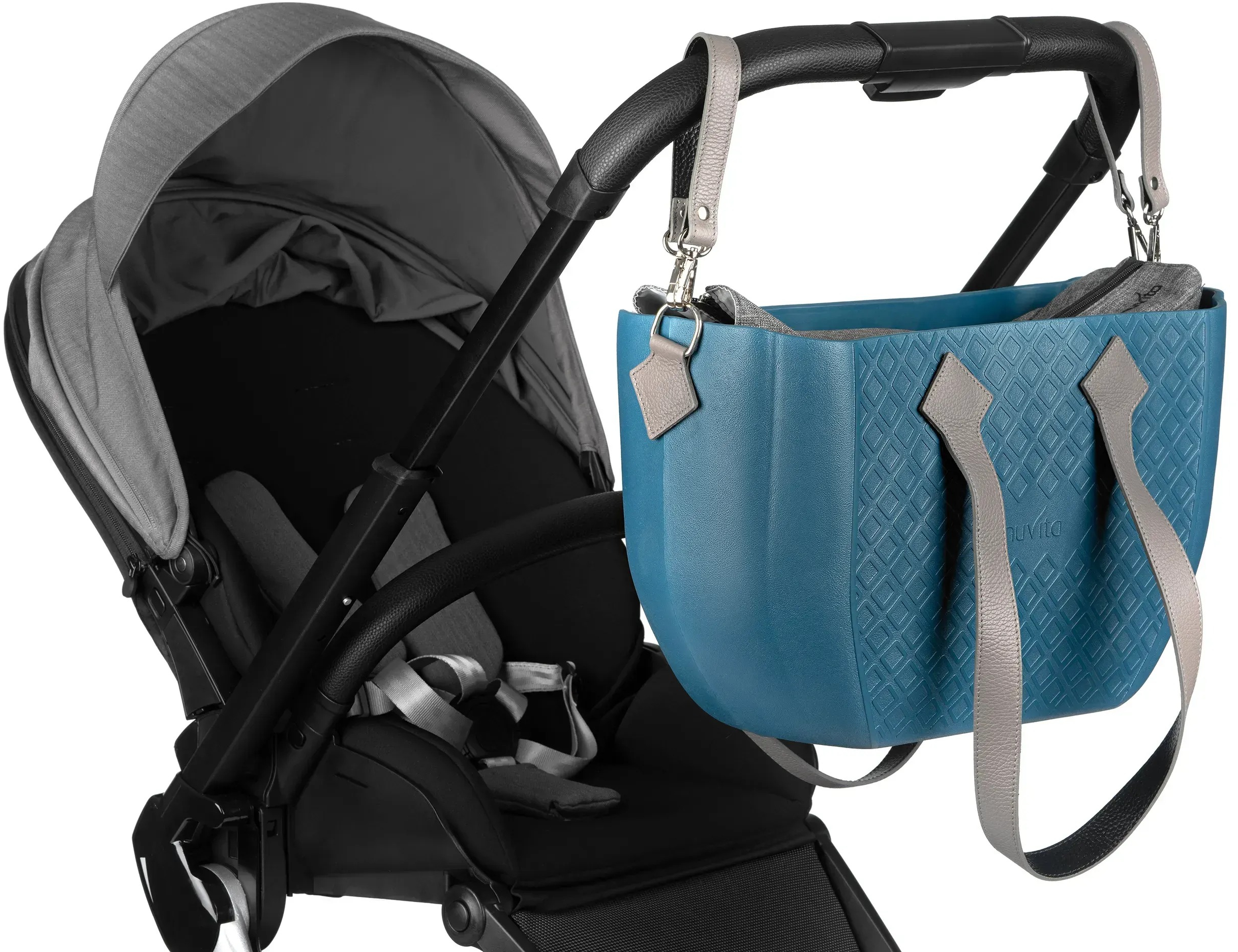 Сумка MyMia синий корпус/ серая подкладка/ серые кожаные ручки, фиксаторы, ремни на коляску фото 8
