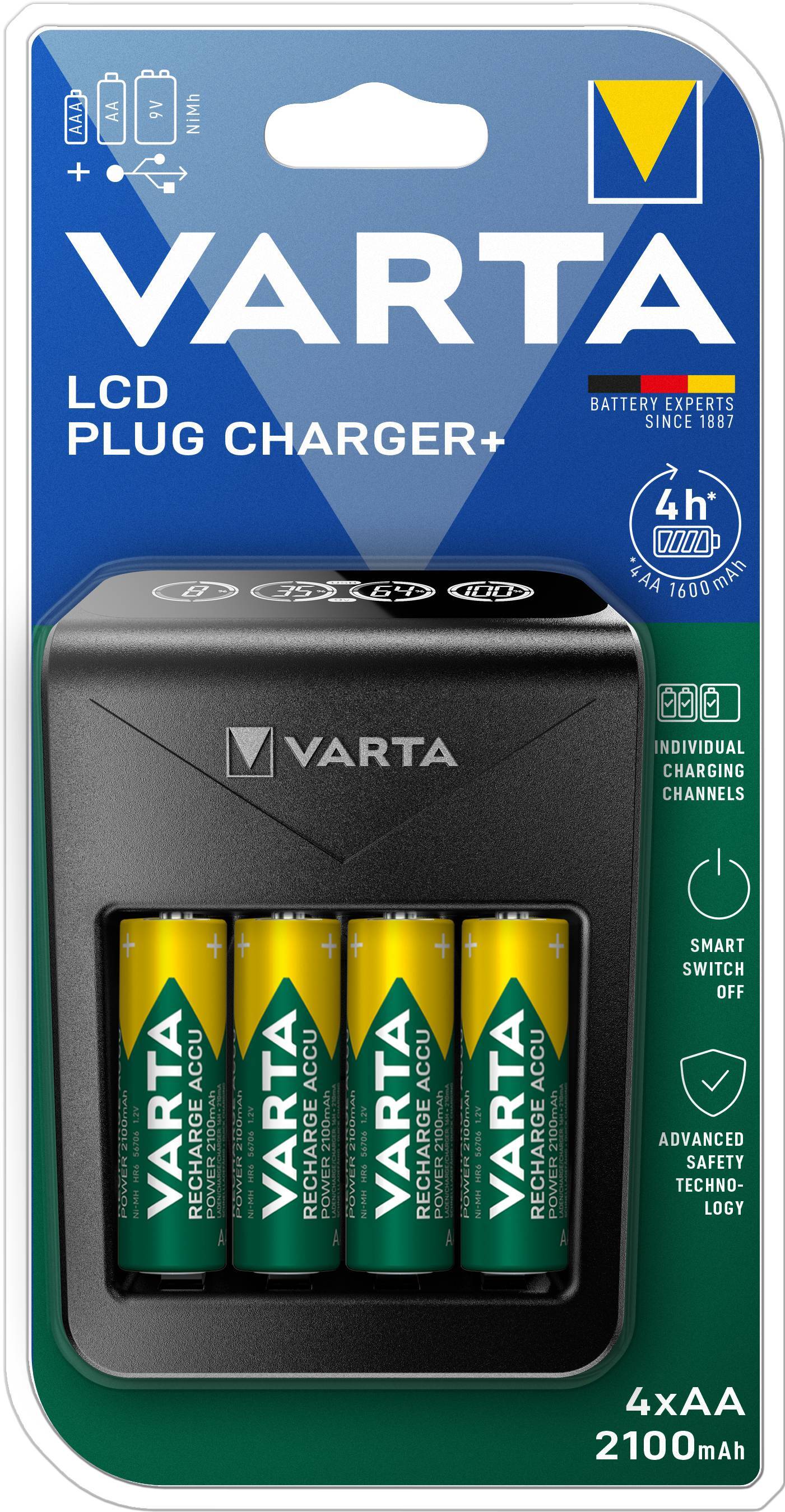 Зарядний пристрій VARTA LCD Plug Charger + Акумулятор NI-MH AA 2100 мАг, 4 шт. (57687101441)фото