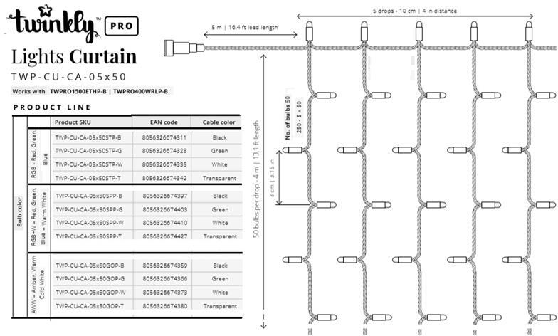 Гирлянда для бизнеса Smart LED Twinkly Pro Curtain RGBW 250, Clear (TWP-CU-CA-05X50SPP-T) фото 2