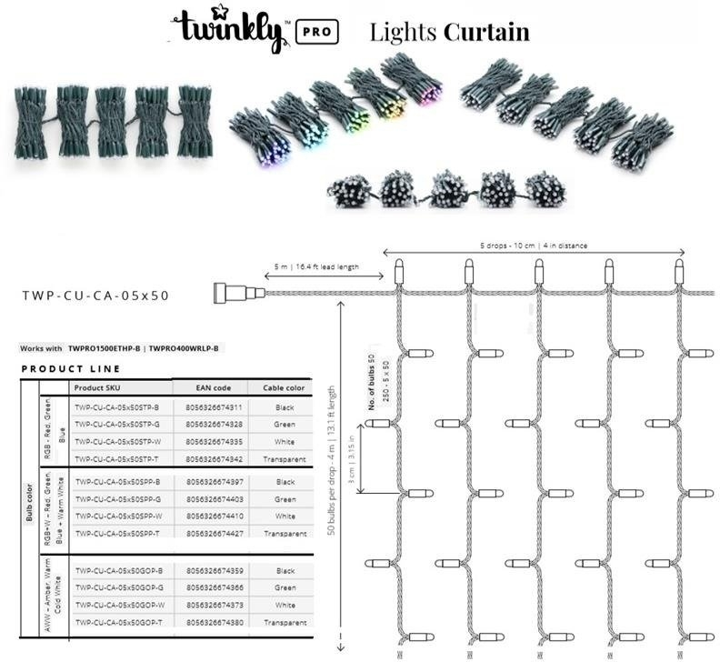 Гірлянда для бізнесу Smart LED Twinkly Pro Curtain RGBW 250, Green (TWP-CU-CA-05X50SPP-G)фото2