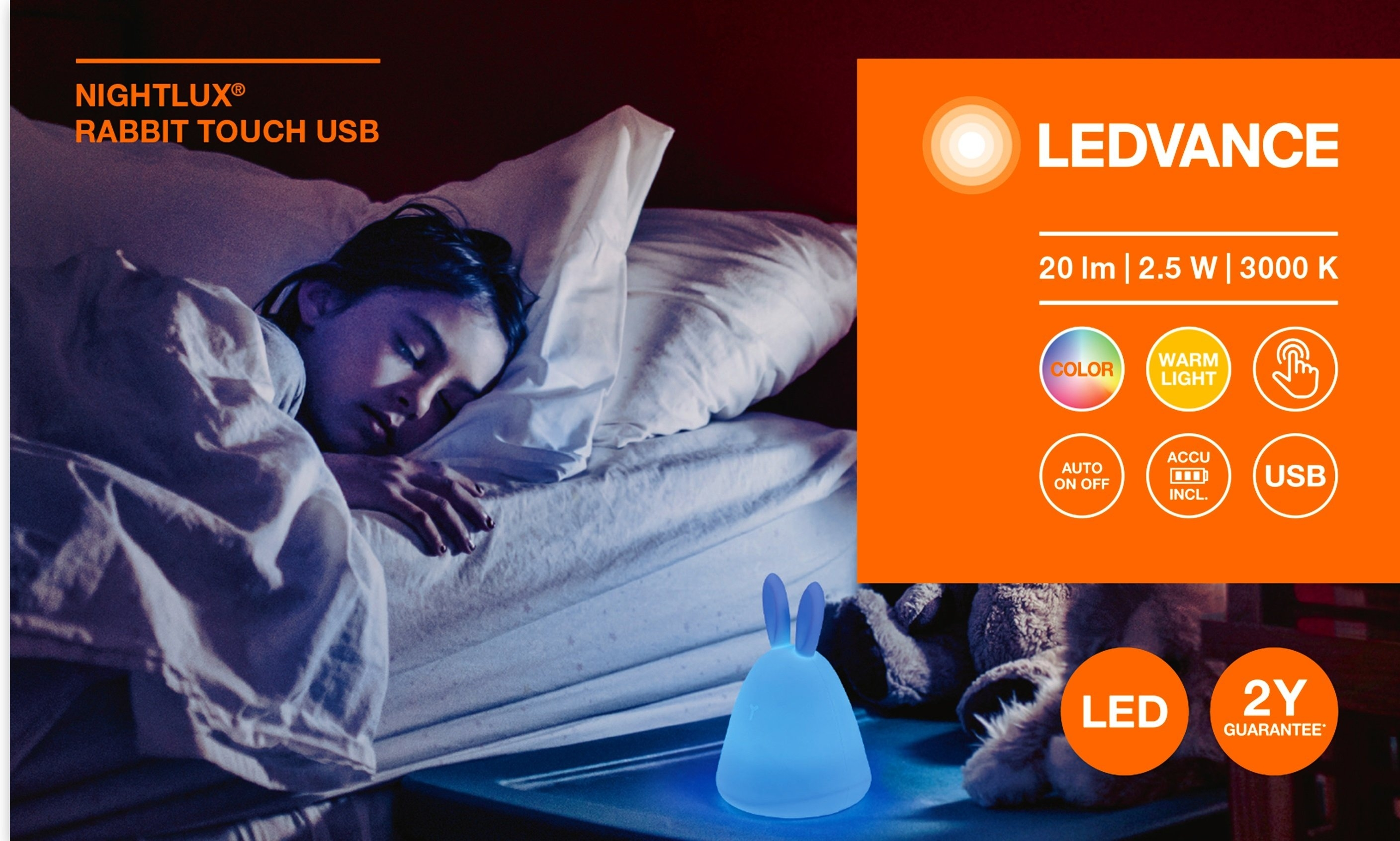 Ночной светильник с аккумулятором Ledvance nightlux touch Rabbit led 2,5W, micro-USB, RGBW (4058075602113) фото 4