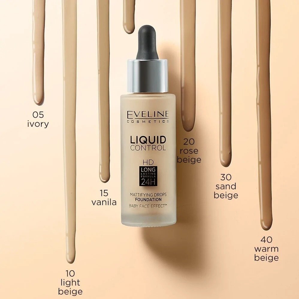 Eveline Cosmetics Liquid control: інноваційна рідка тональна основа №005 – ivory 32 млфото4