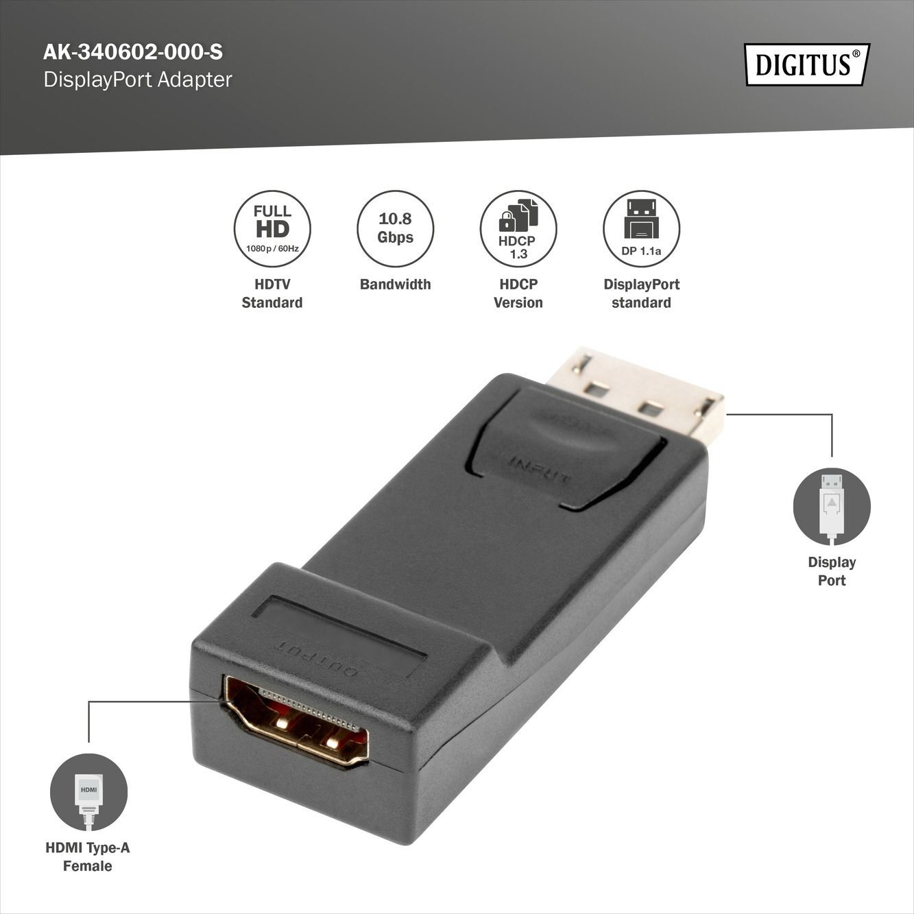 Адаптер DIGITUS DP 1.1 - HDMA Full HD, M/F (AK-340602-000-S) фото