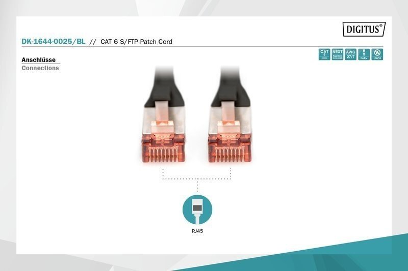 Патч-корд DIGITUS CAT 6 S-FTP, 0.25м, AWG 27/7, LSZH, черный (DK-1644-0025/BL) фото 