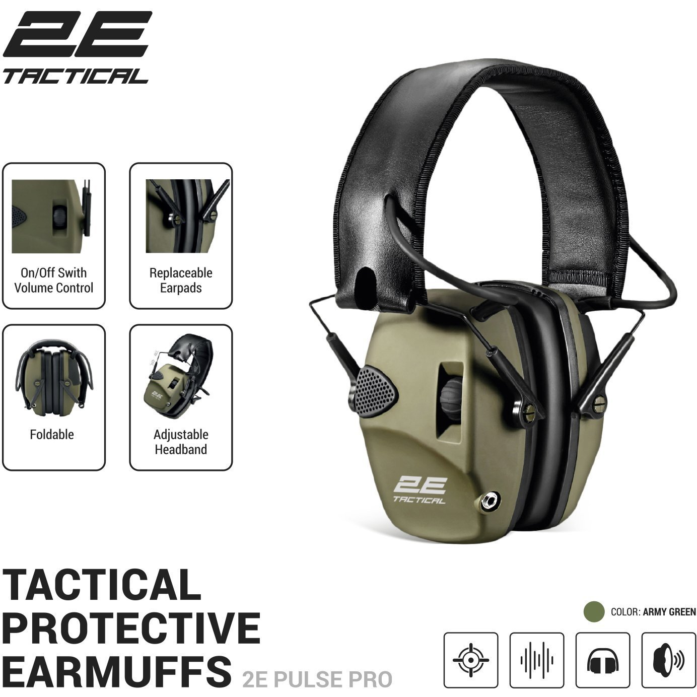 Тактичні захисні навушники 2E Pulse Pro Army Green NRR 22 dB, активні (2E-TPE026ARGN)фото2