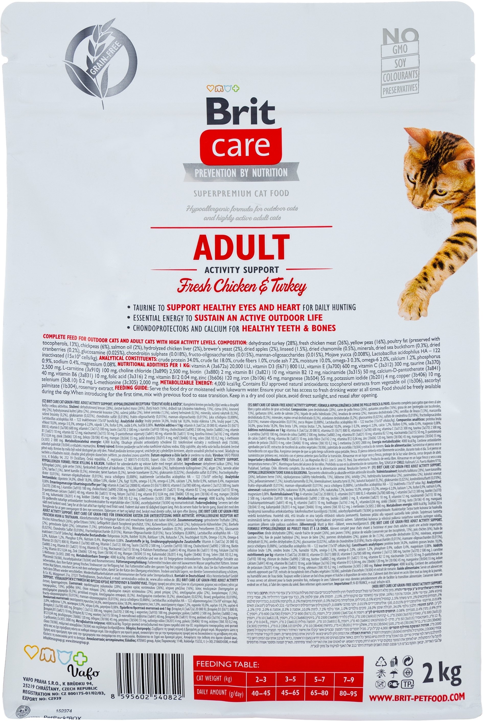 Сухой корм для взрослых кошек поддержека и активность Brit Care Cat GF Adult Activity Suppor с курицей и индейкой, 2кг фото 2