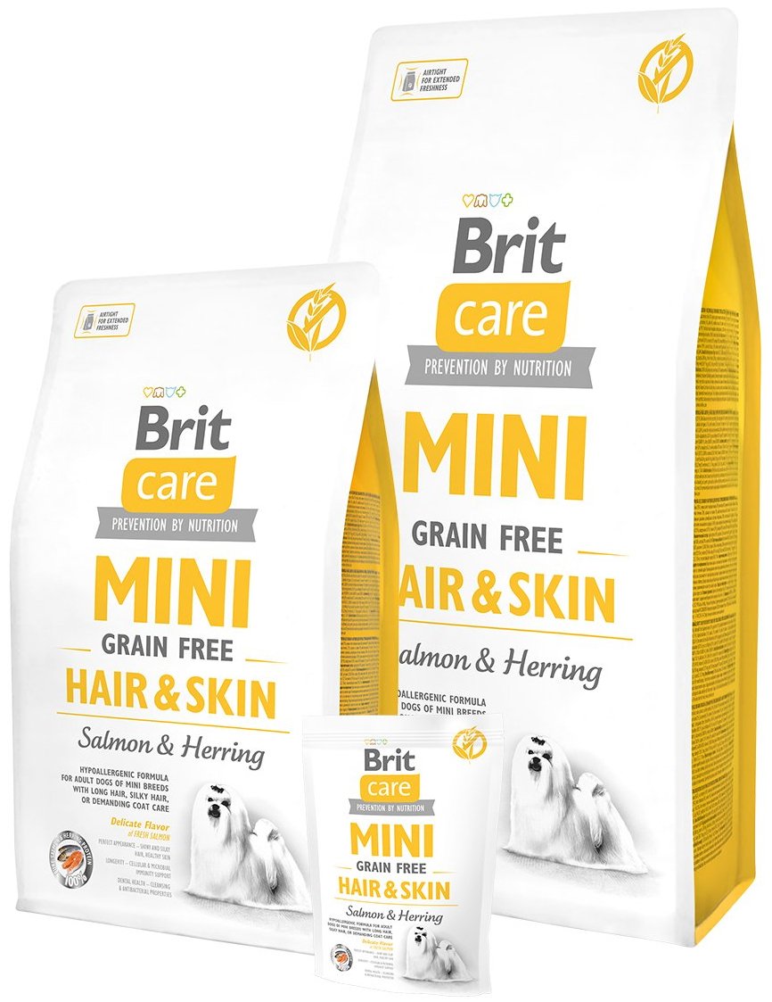 Сухой корм для взрослых собак миниатюрных пород Brit Care Mini Grain Free Hair & Skin 400г фото 8
