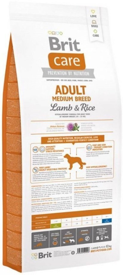 Сухой корм для взрослых собак средних пород Brit Care Adult Medium Breed Lamb & Rice 12+2 кг фото 2