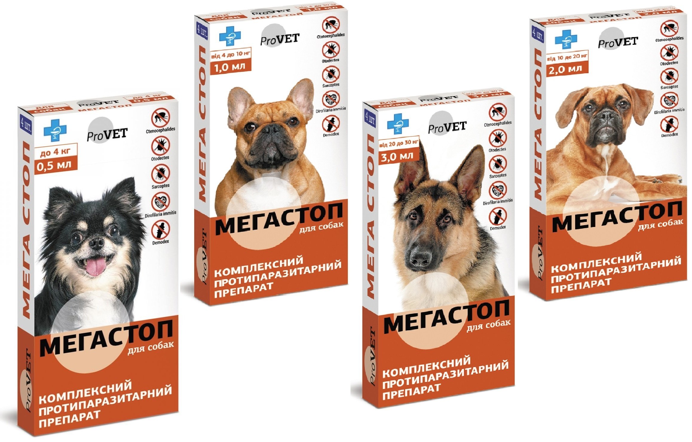 Краплі від зовнішніх та внутрішніх паразитів ProVET Мегастоп для собак масою тіла від 10 до 20 кг, 4 піпетки по 2,0 млфото3