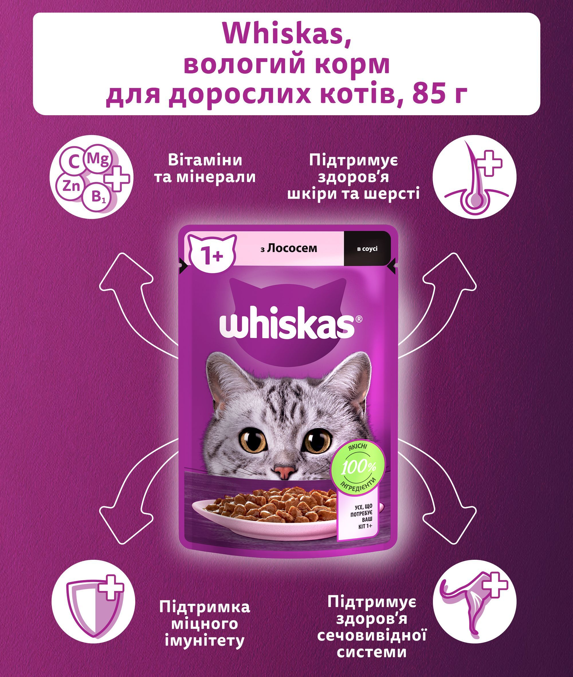Влажный корм для котов Whiskas с лососем в соусе 85г фото 4