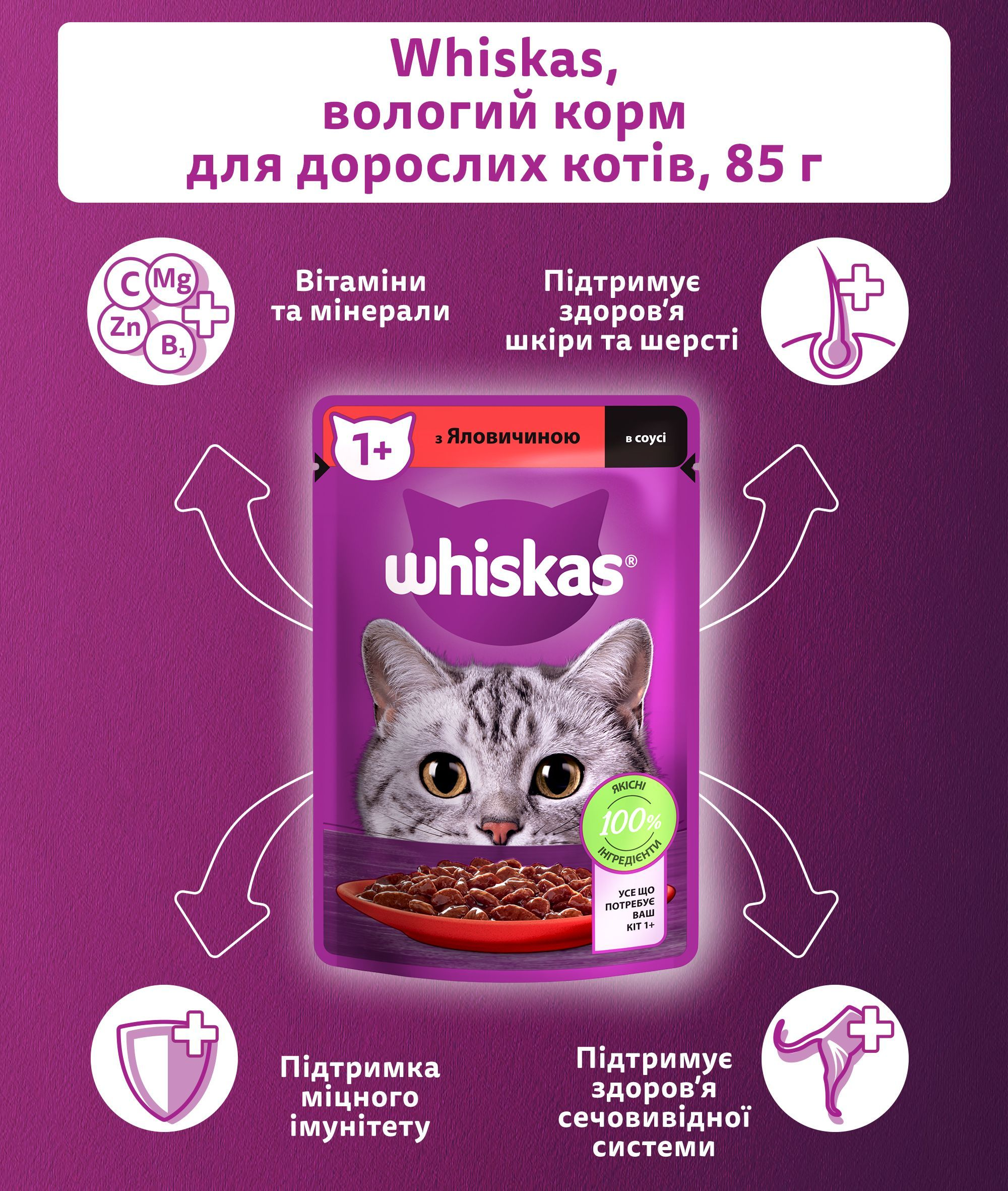 Влажный корм для котов Whiskas с говядиной в соусе 85г фото 4