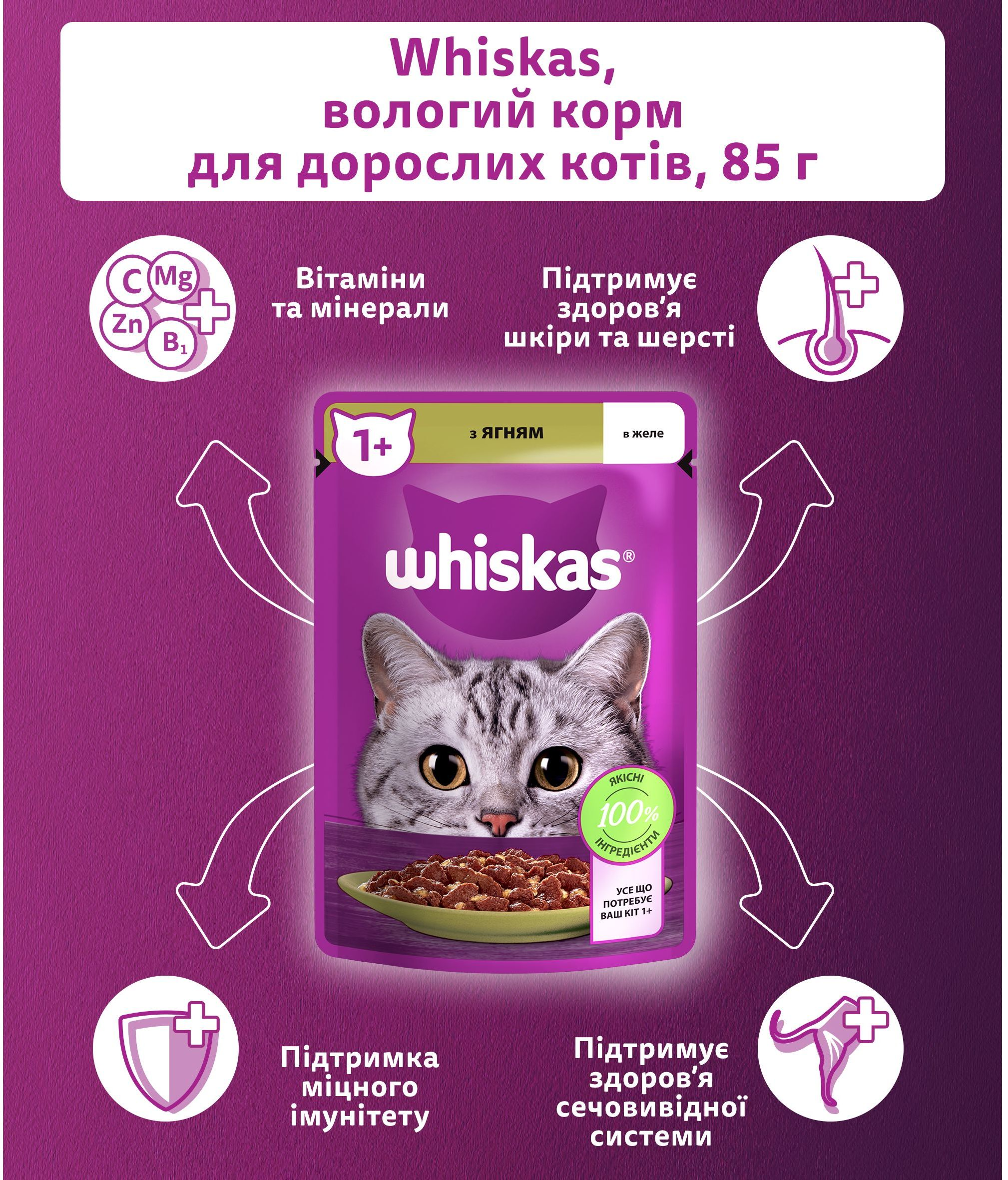 Влажный корм для котов Whiskas с ягненком в желе 85г фото 4