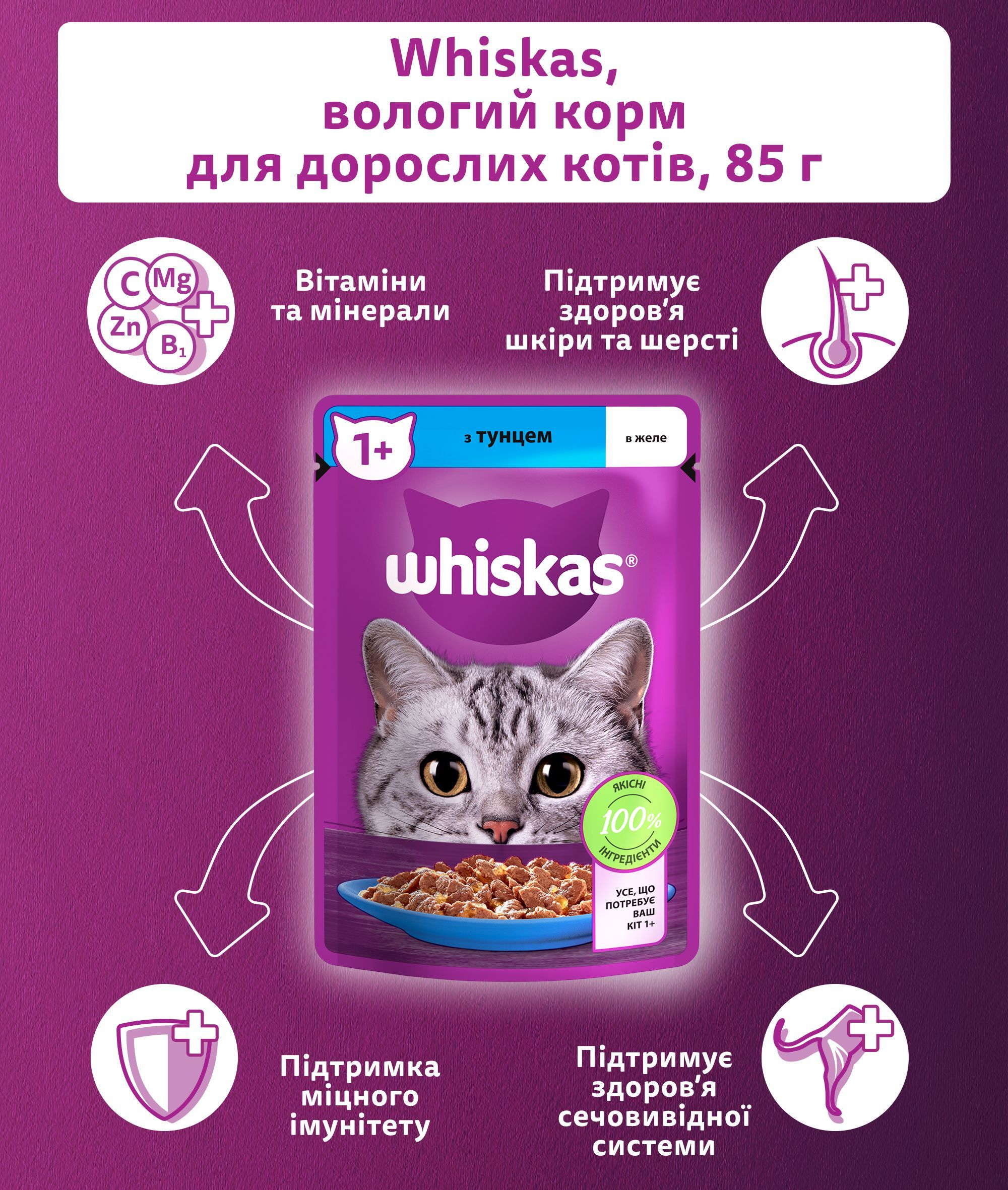 Влажный корм для котов Whiskas с тунцом в желе 85г фото 4