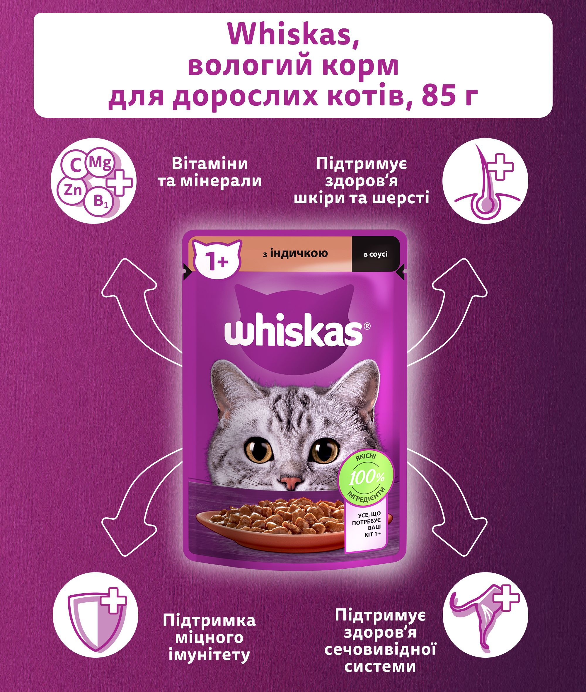 Влажный корм для котов Whiskas с индюшкой в соусе 85г фото 4