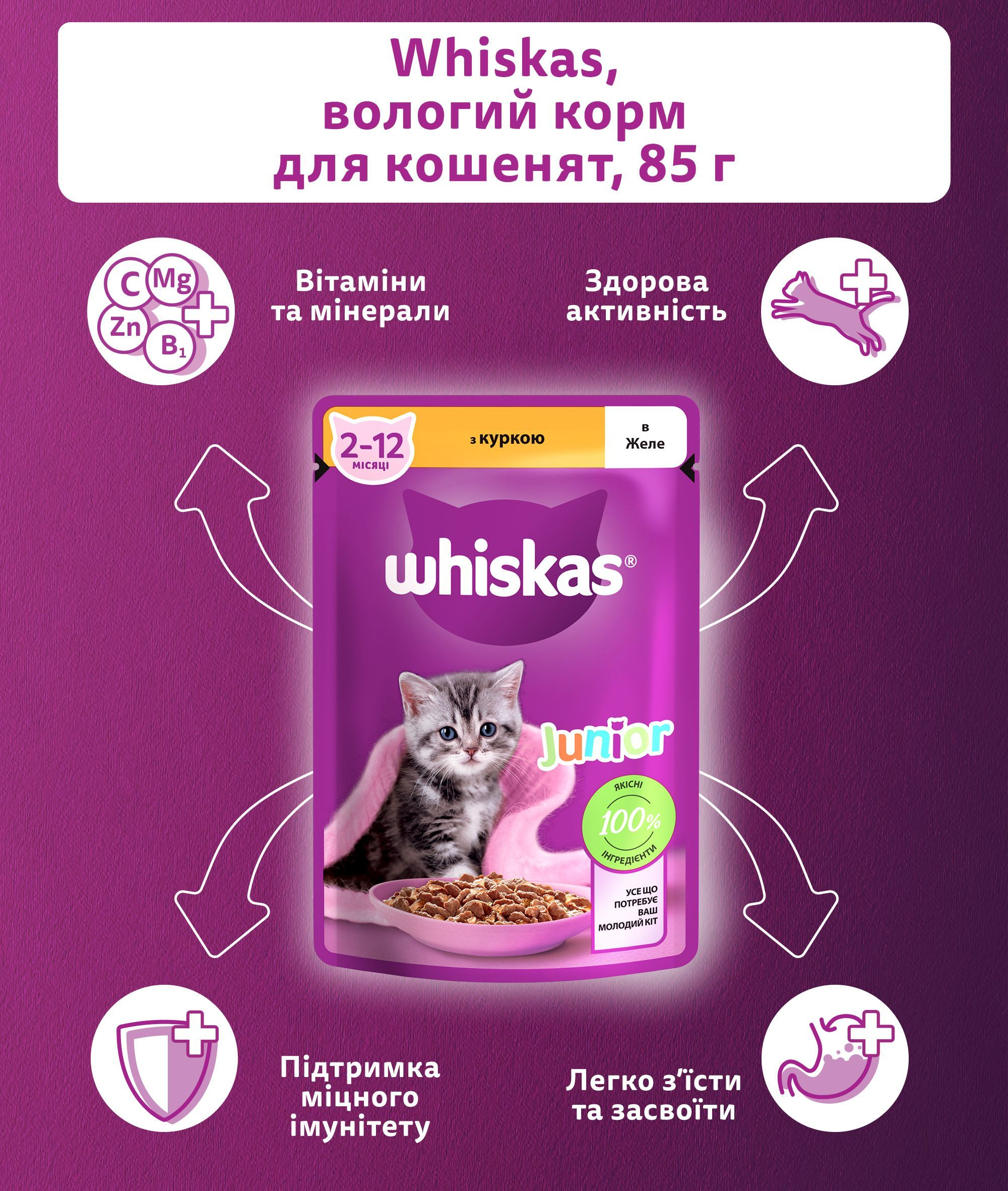 Вологий корм для кошенят Whiskas з куркою в желе 85гфото4