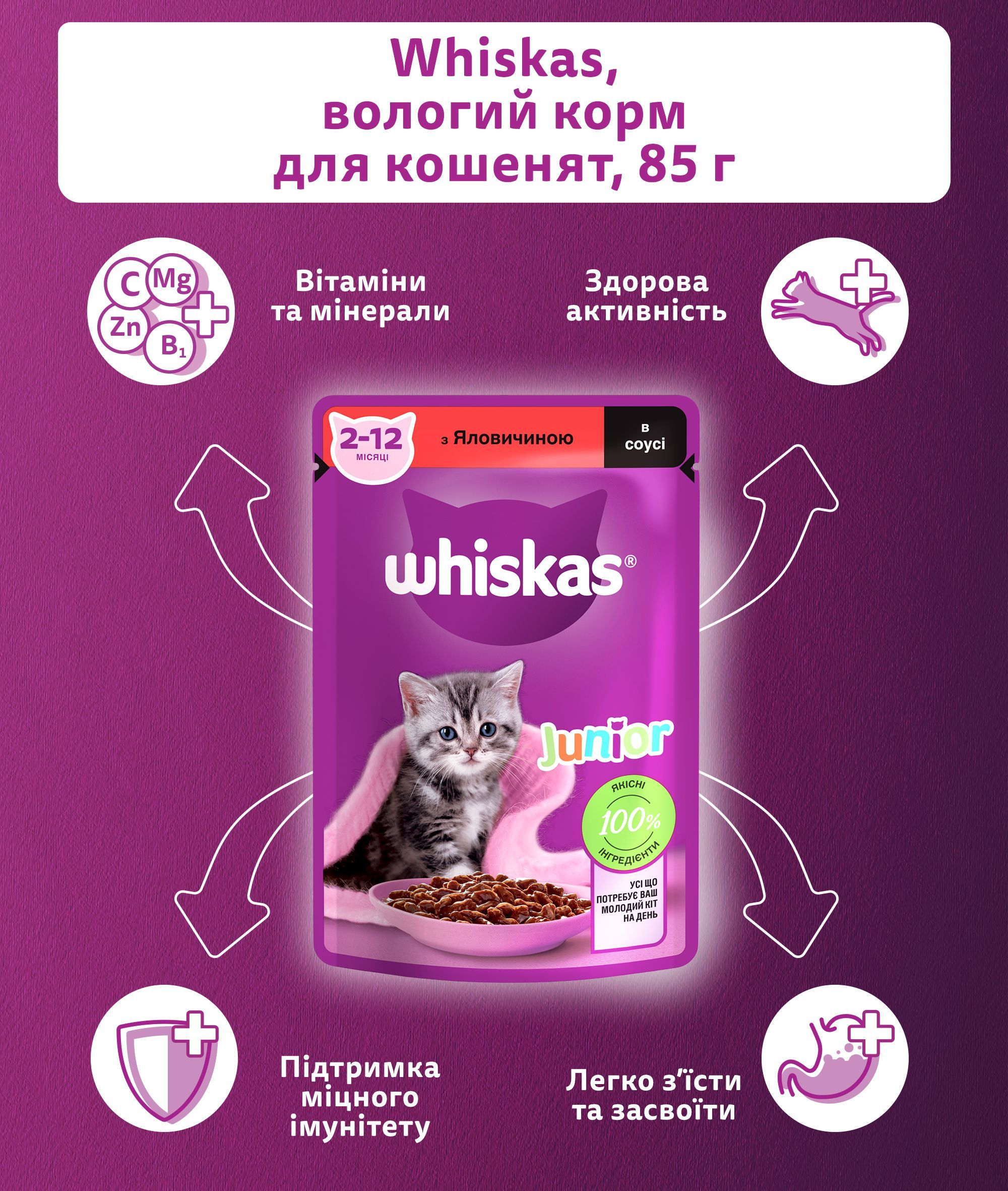 Влажный корм для котят Whiskas с говядиной в соусе 85гр фото 4