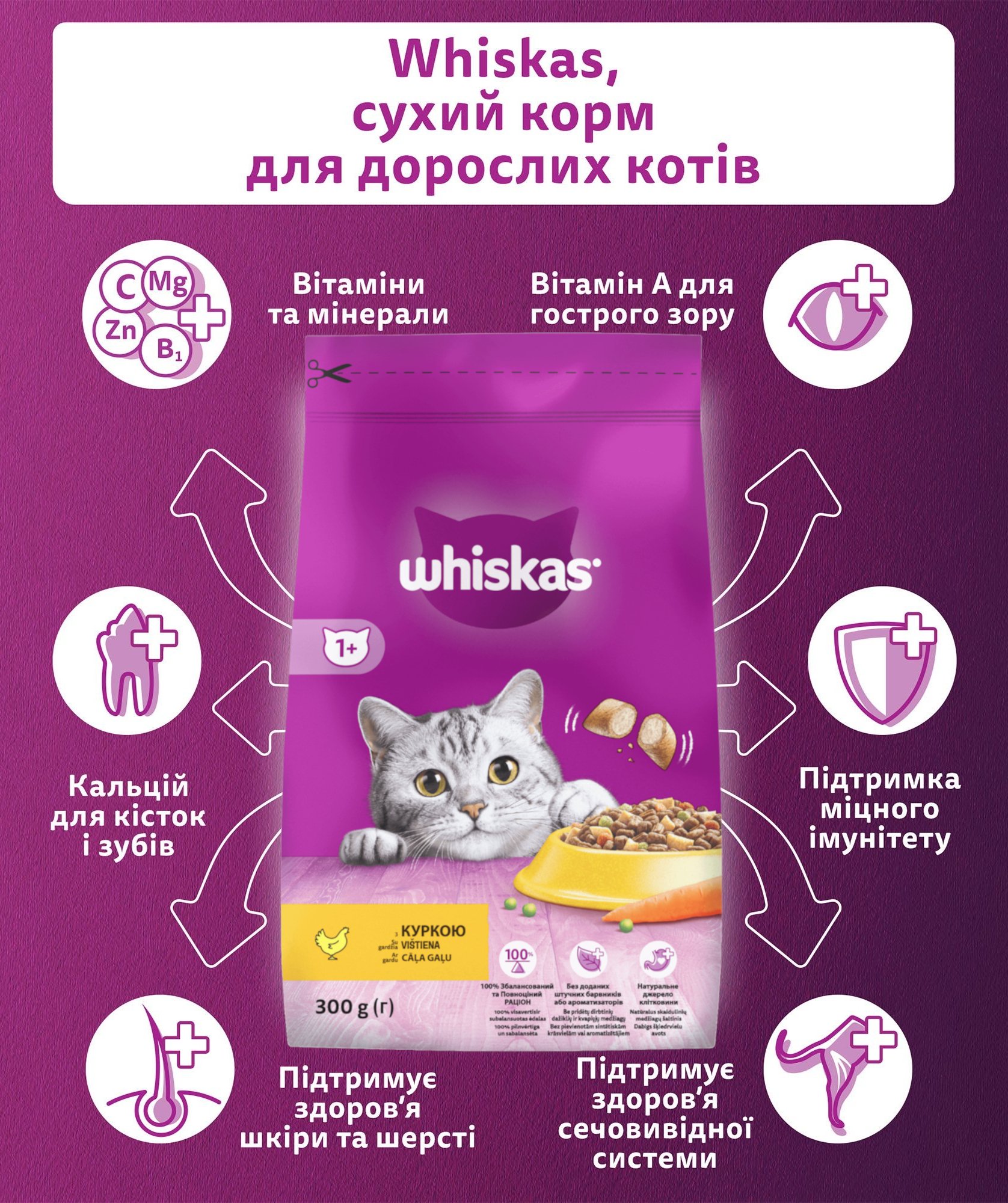 Корм сухий для дорослих котів з куркою Whiskas 300гфото4