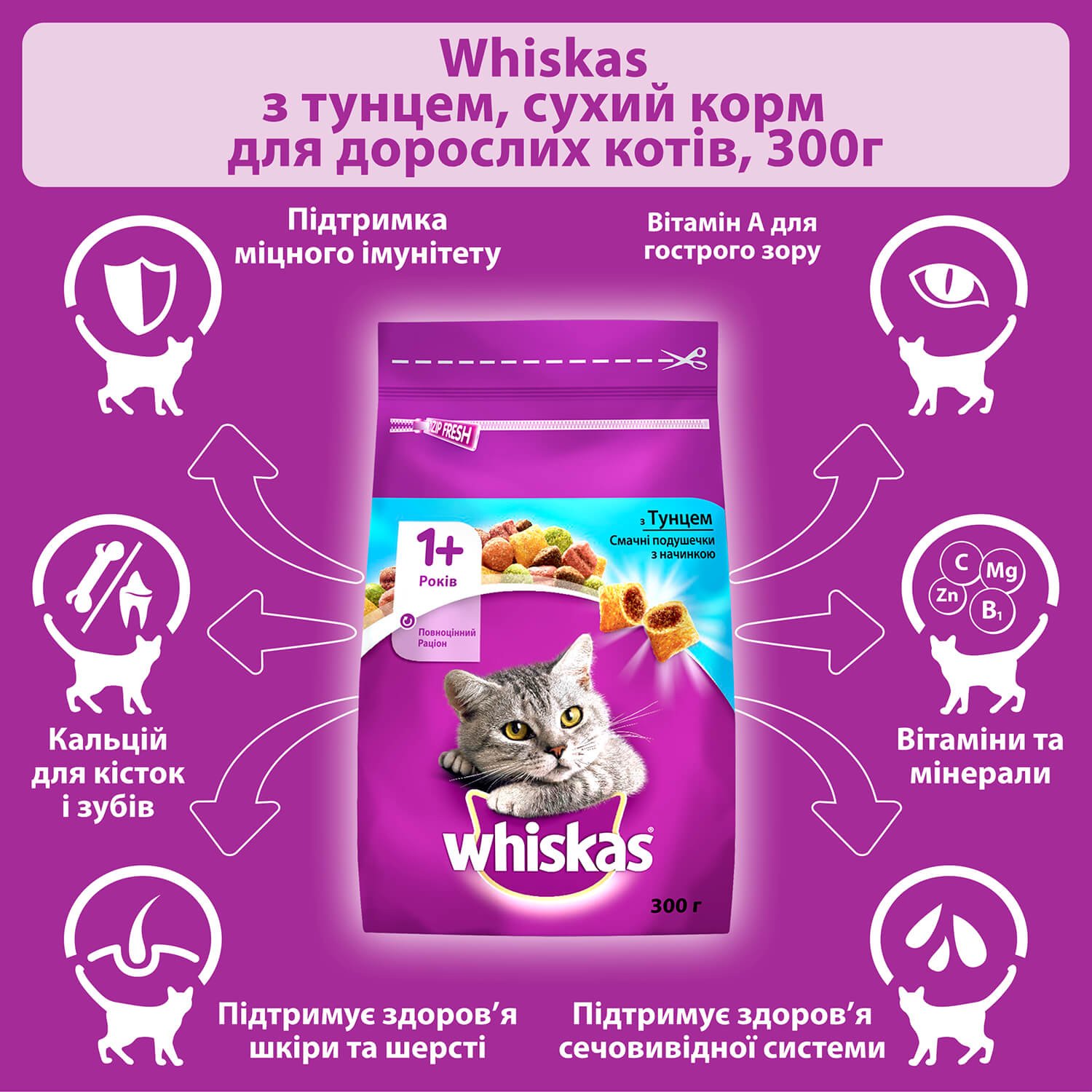Корм сухой для взрослых котов с тунцом Whiskas 300г фото 4
