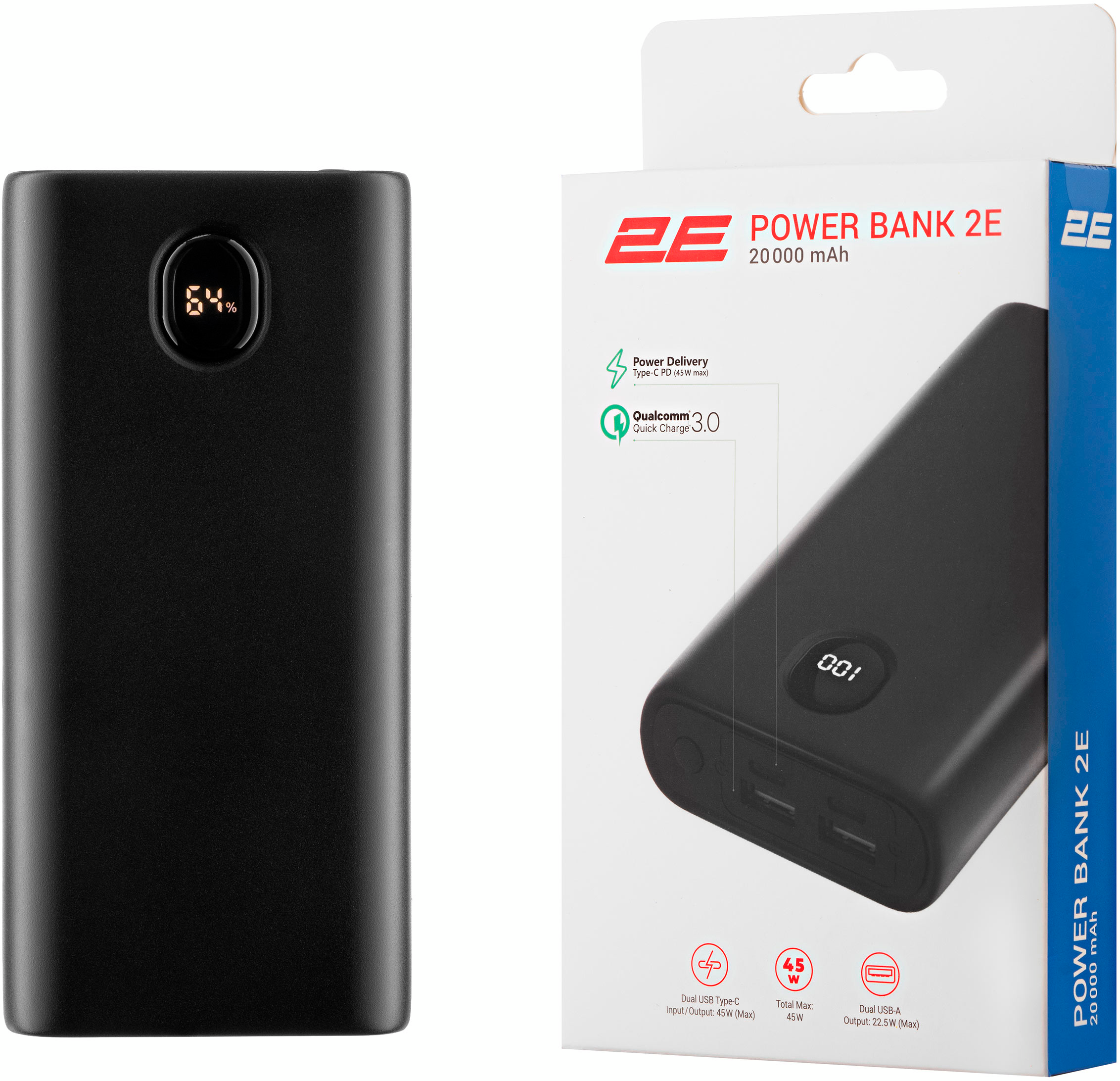 Портативний акумулятор літій-іонний Power Bank 2E 20000мАг, 45Вт, PD, QC, Blackфото7