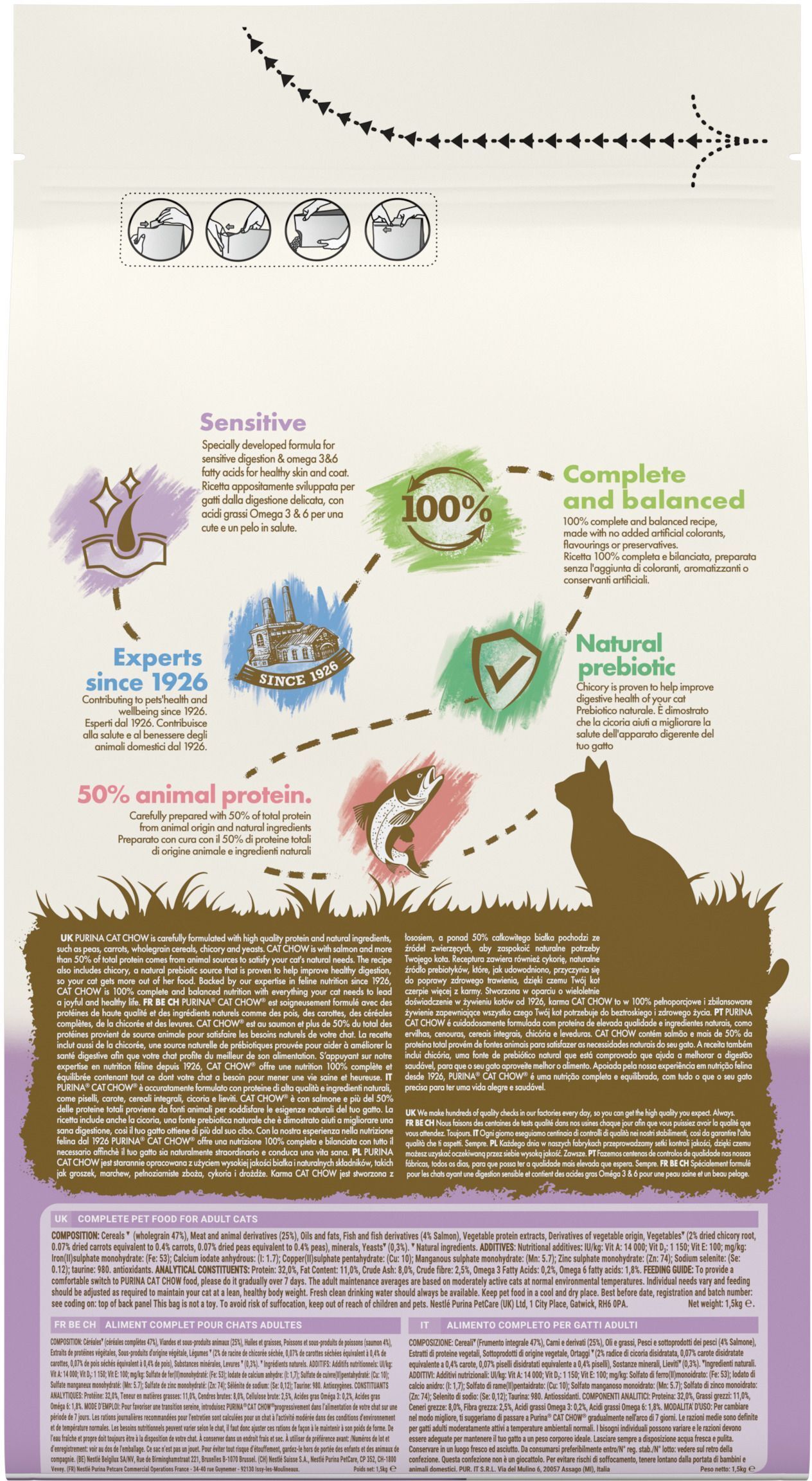 Сухий корм для дорослих котів Cat Chow Sensitive для чутливої ​​шкіри та травлення з лососем 1,5кгфото