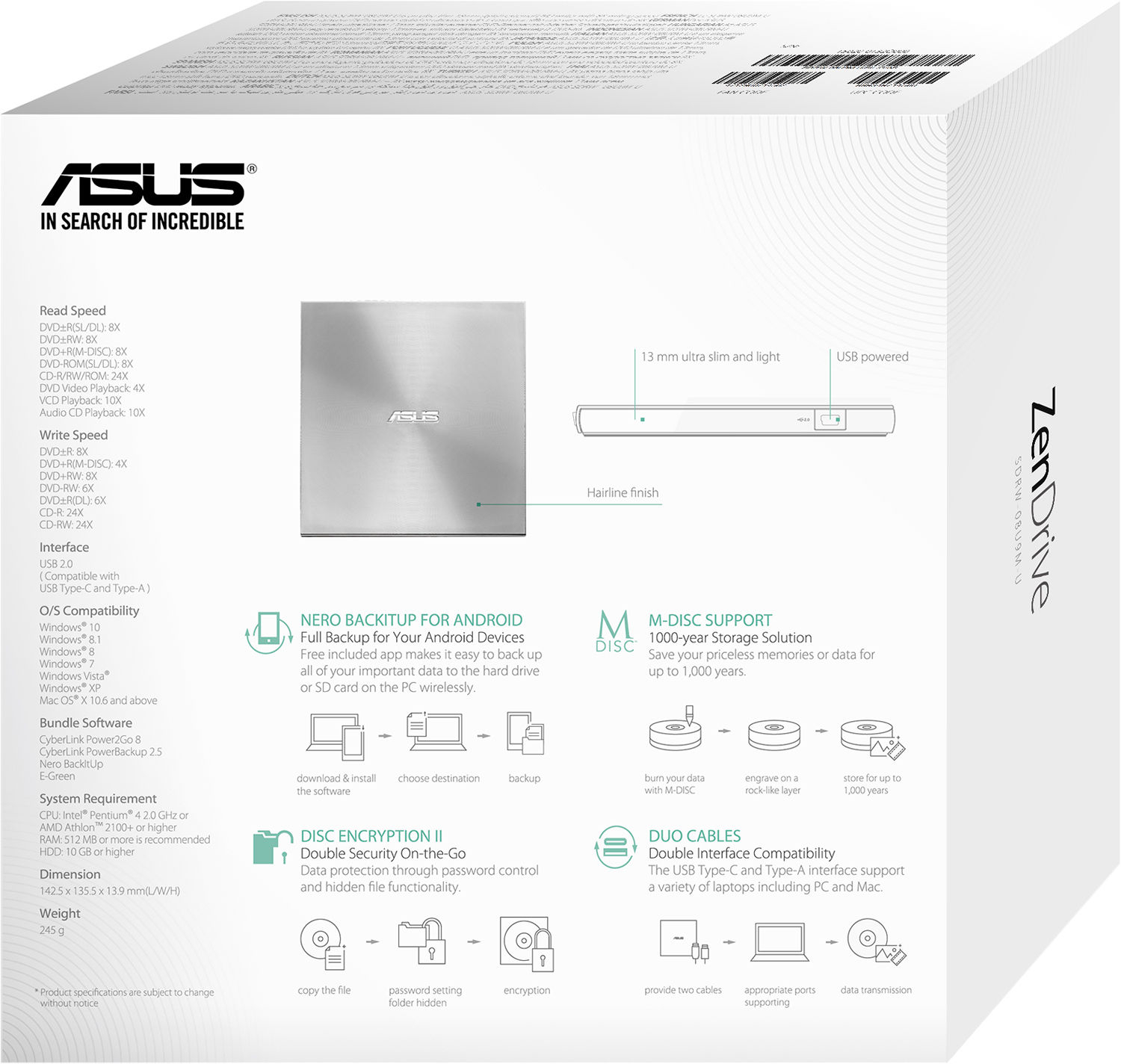 Внешний оптический привод ASUS SDRW-08U9M-U DVD+-R/RW USB2.0 EXT Ret Slim Silver (90DD02A2-M29000) фото 