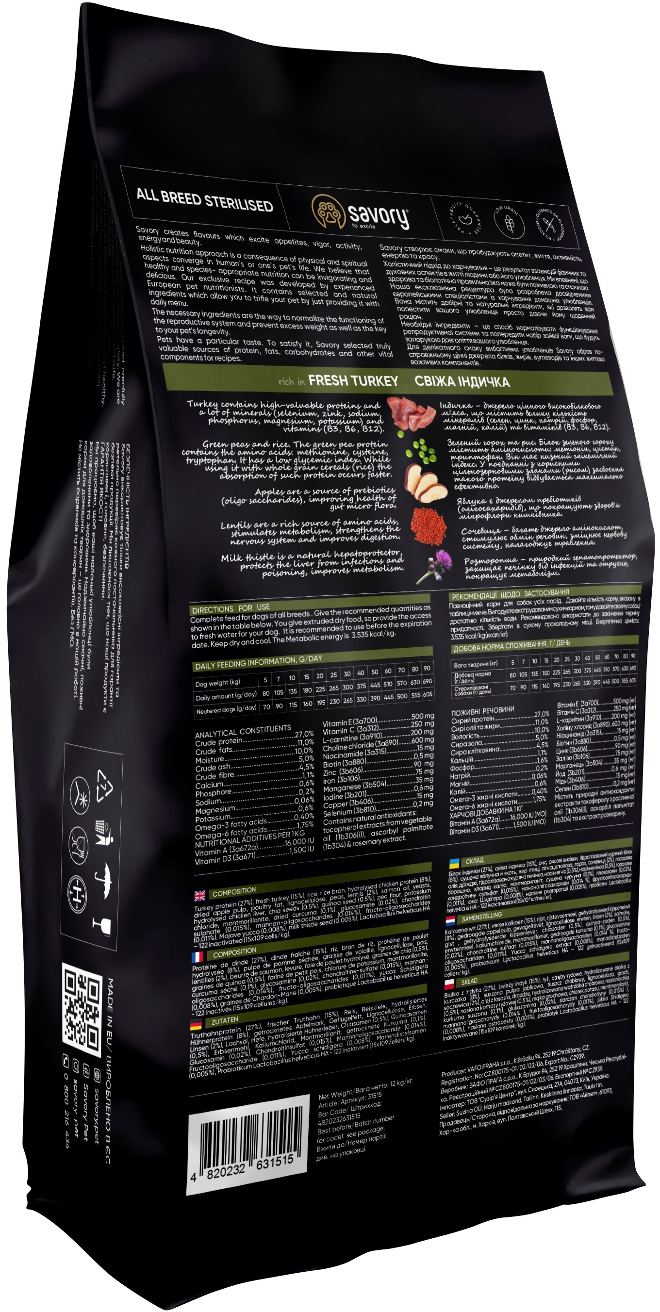 Корм Savory All Breed Sterilised rich in Fresh Turkey сухий з індичкою для стерилізованих собак 12 кгфото2