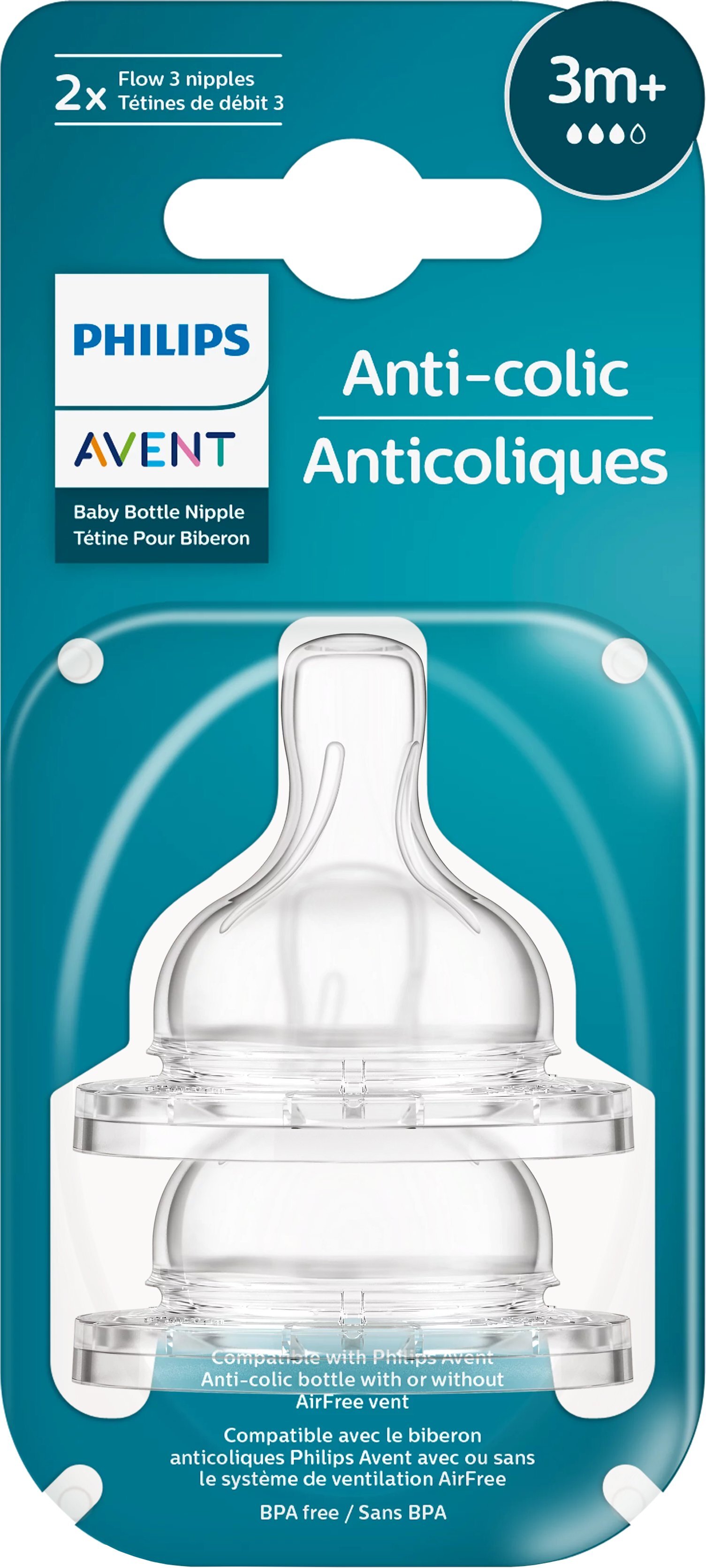 Соска Philips Avent силіконова Анти-колік, 3 міс+., 2 шт, середній потікфото