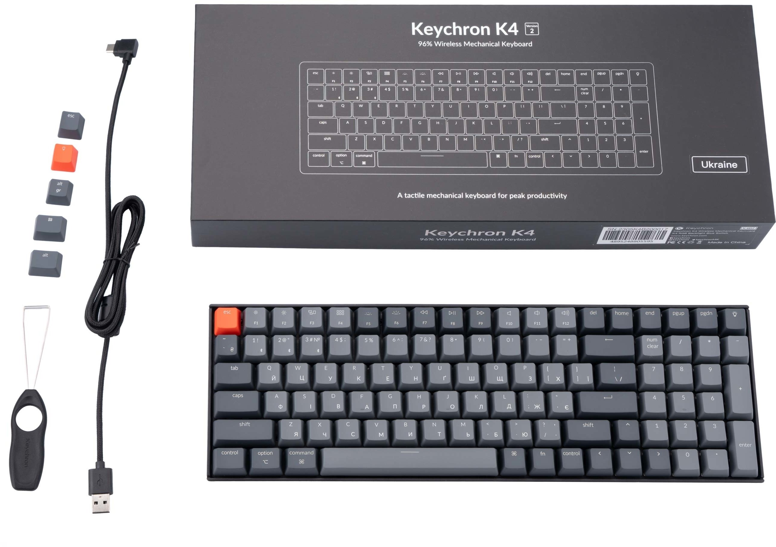Клавіатура Keychron K4 100Key, Gateron G PRO Brown, BT/USB-A, EN/UKR, White Led, black (K4A3_Keychron)фото13